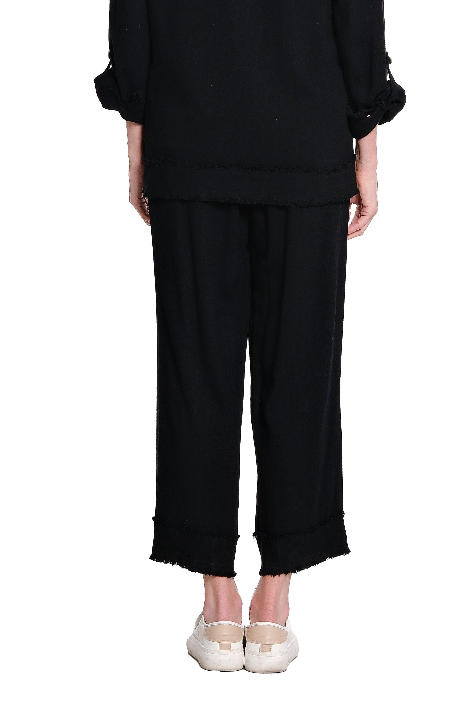 Drawstring Elastic Waist Pull On Woven Crop Pant with Fringe Hem Trim - Black