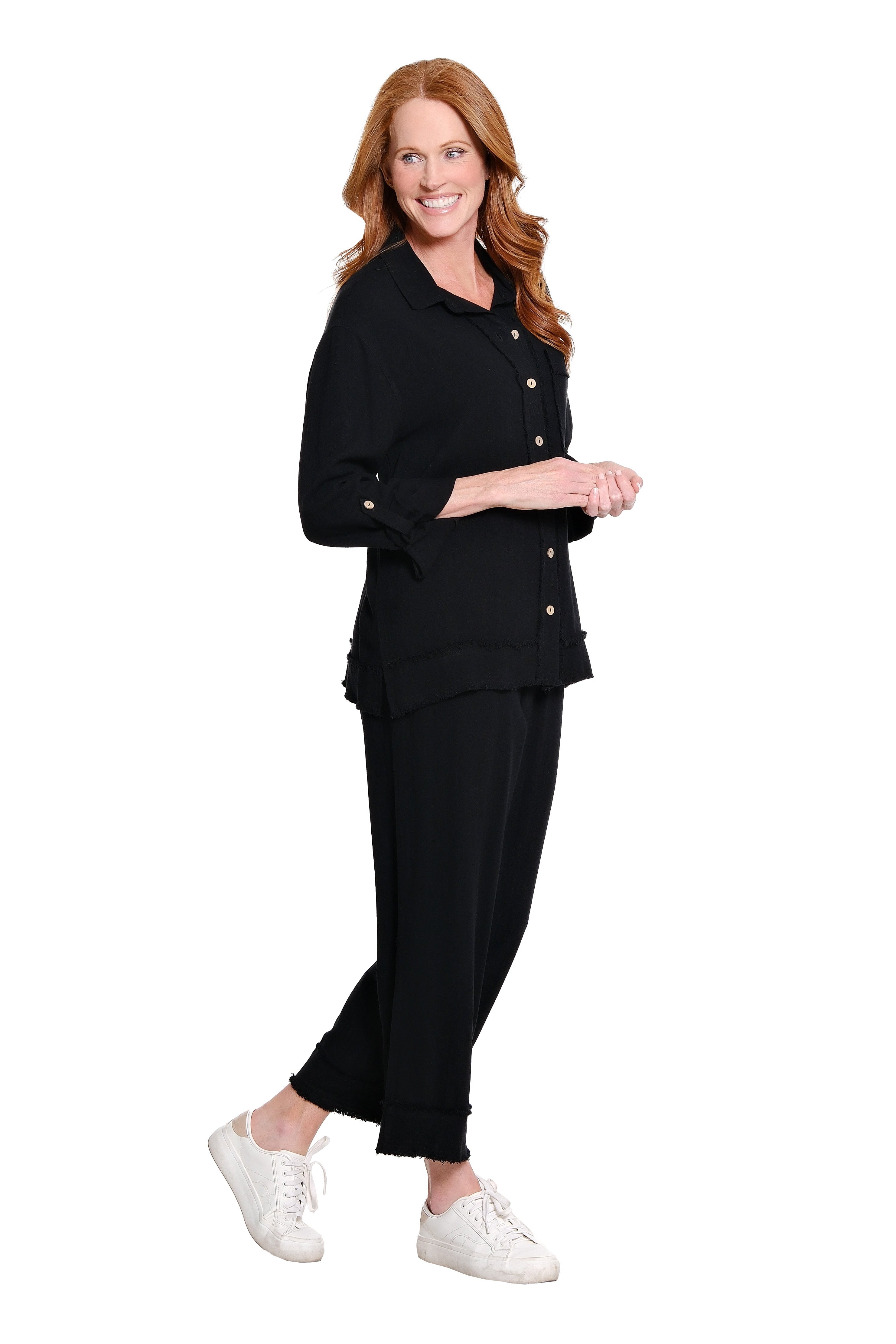 Roll Tab Cuffed Long Sleeve 1-Pocket Button Front Fringe Trim Woven Shirt - Plus - Black