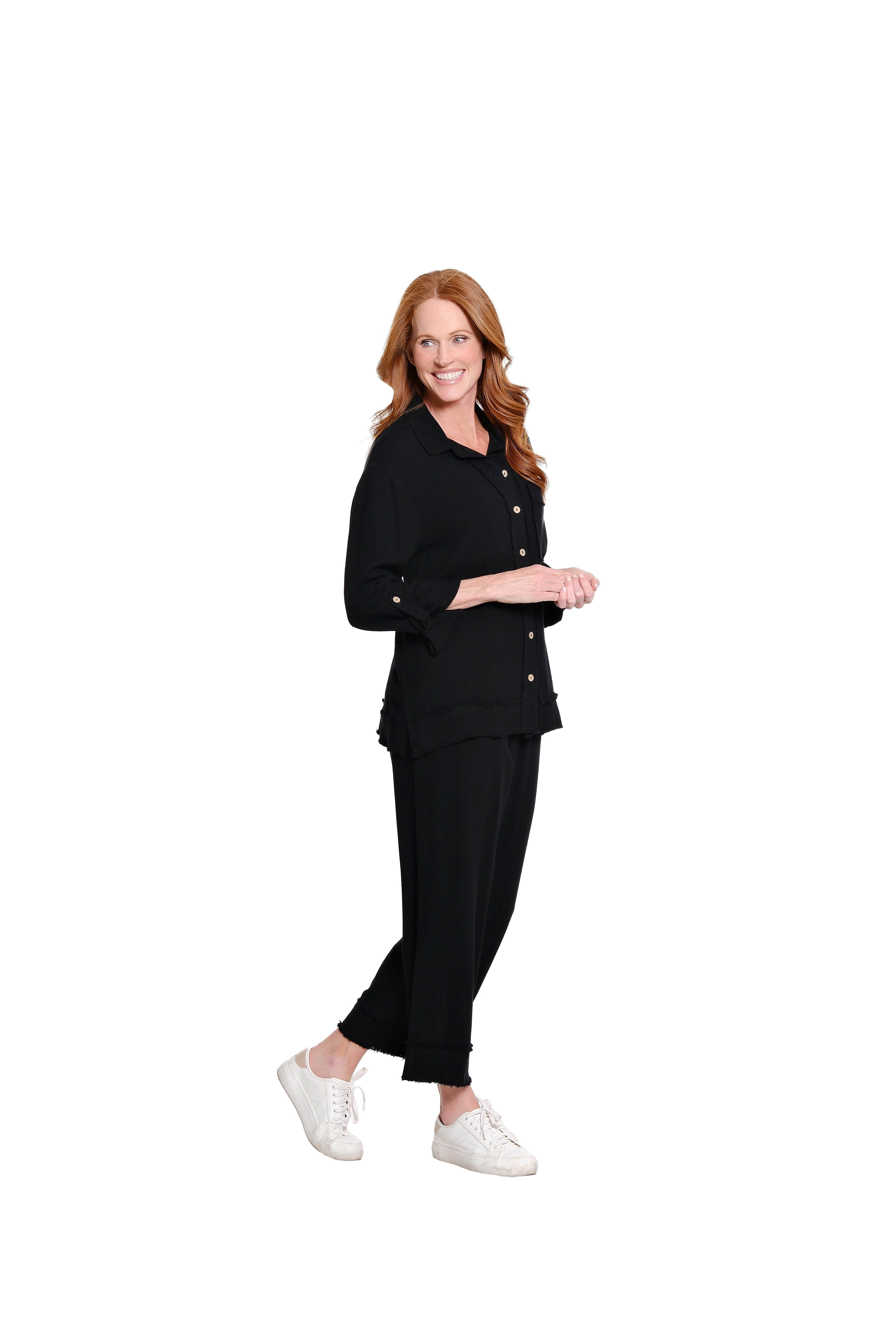 Drawstring Elastic Waist Pull On Woven Crop Pant with Fringe Hem Trim - Black