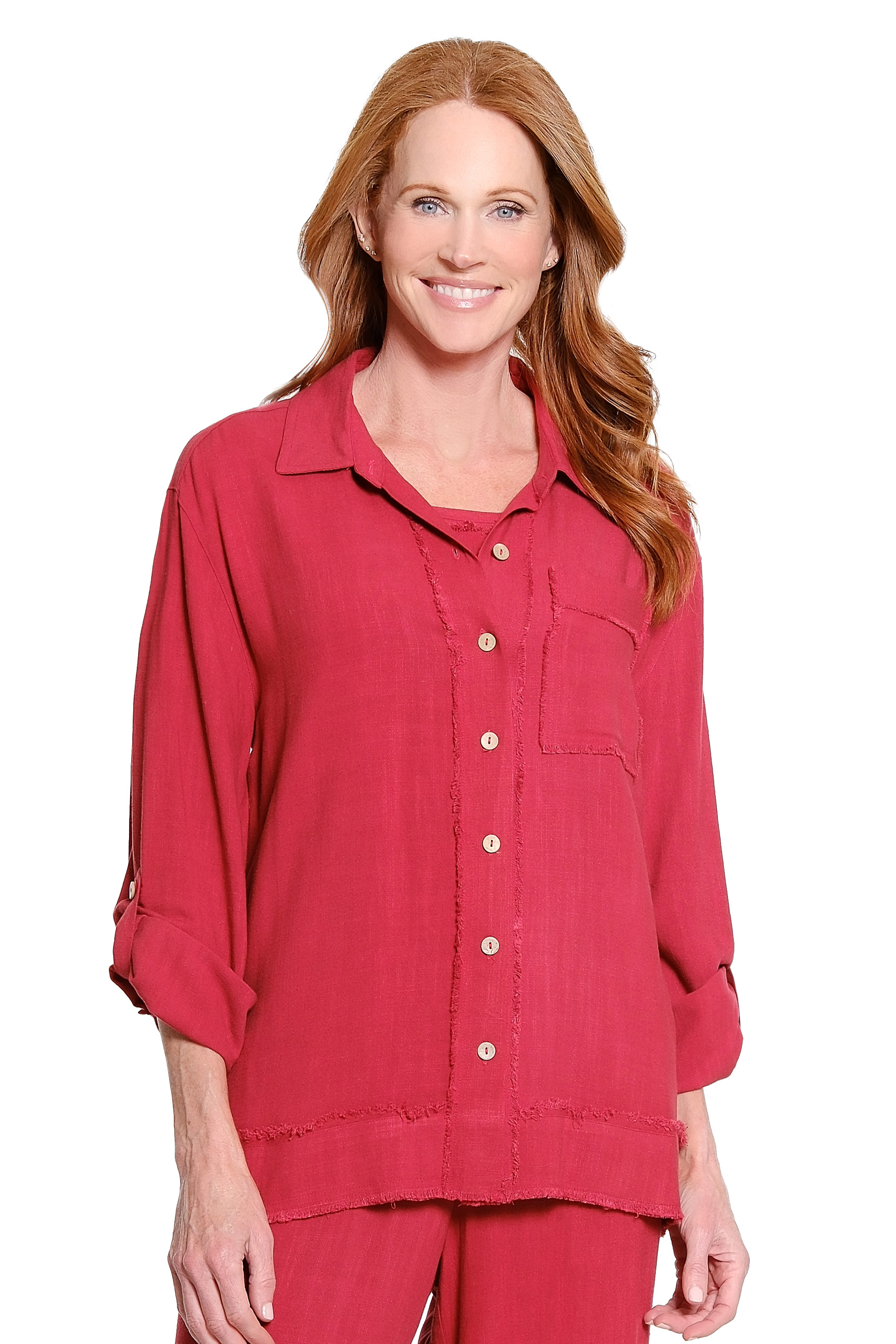 Roll Tab Cuffed Long Sleeve 1-Pocket Button Front Fringe Trim Woven Shirt - Brick