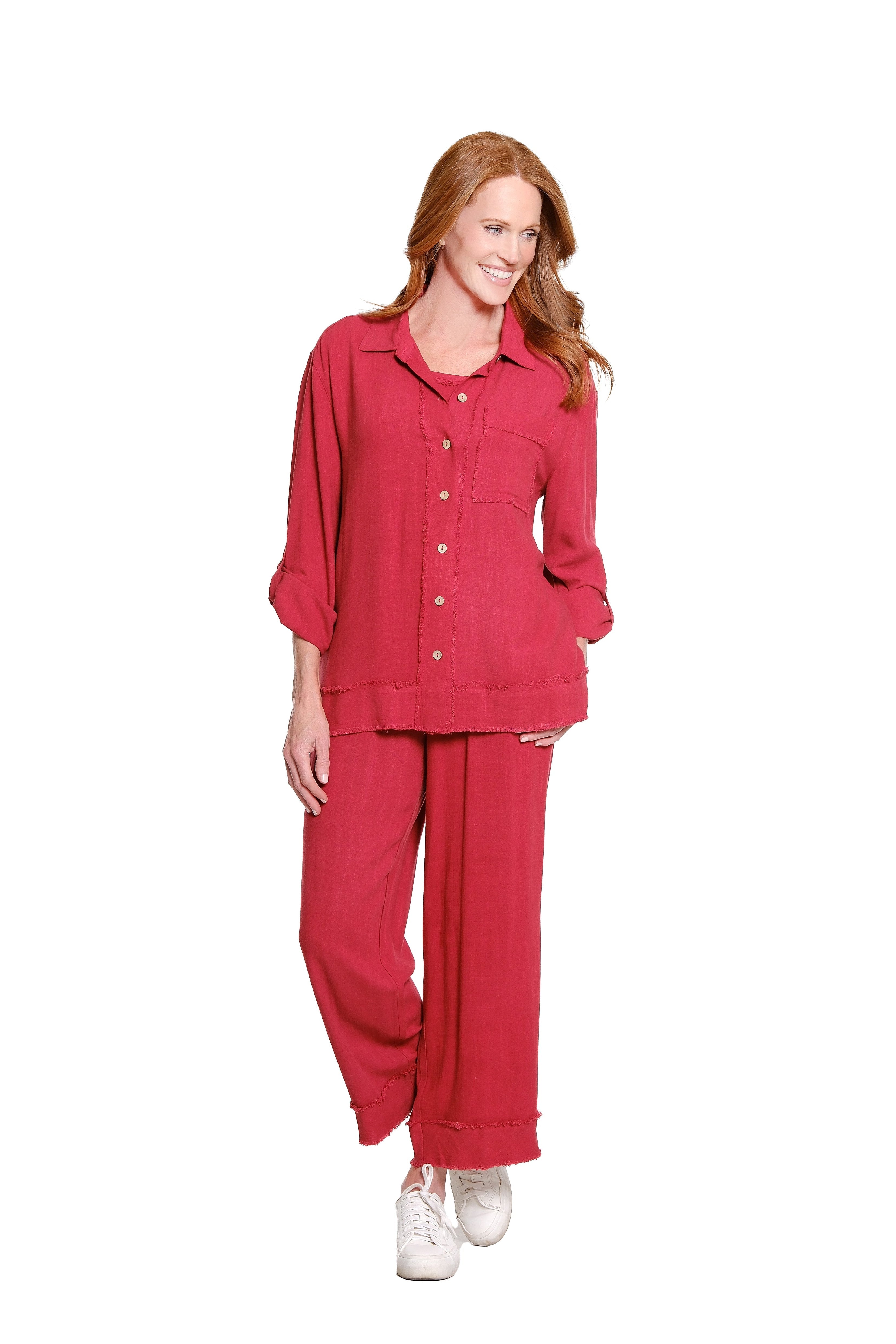 Roll Tab Cuffed Long Sleeve 1-Pocket Button Front Fringe Trim Woven Shirt - Brick