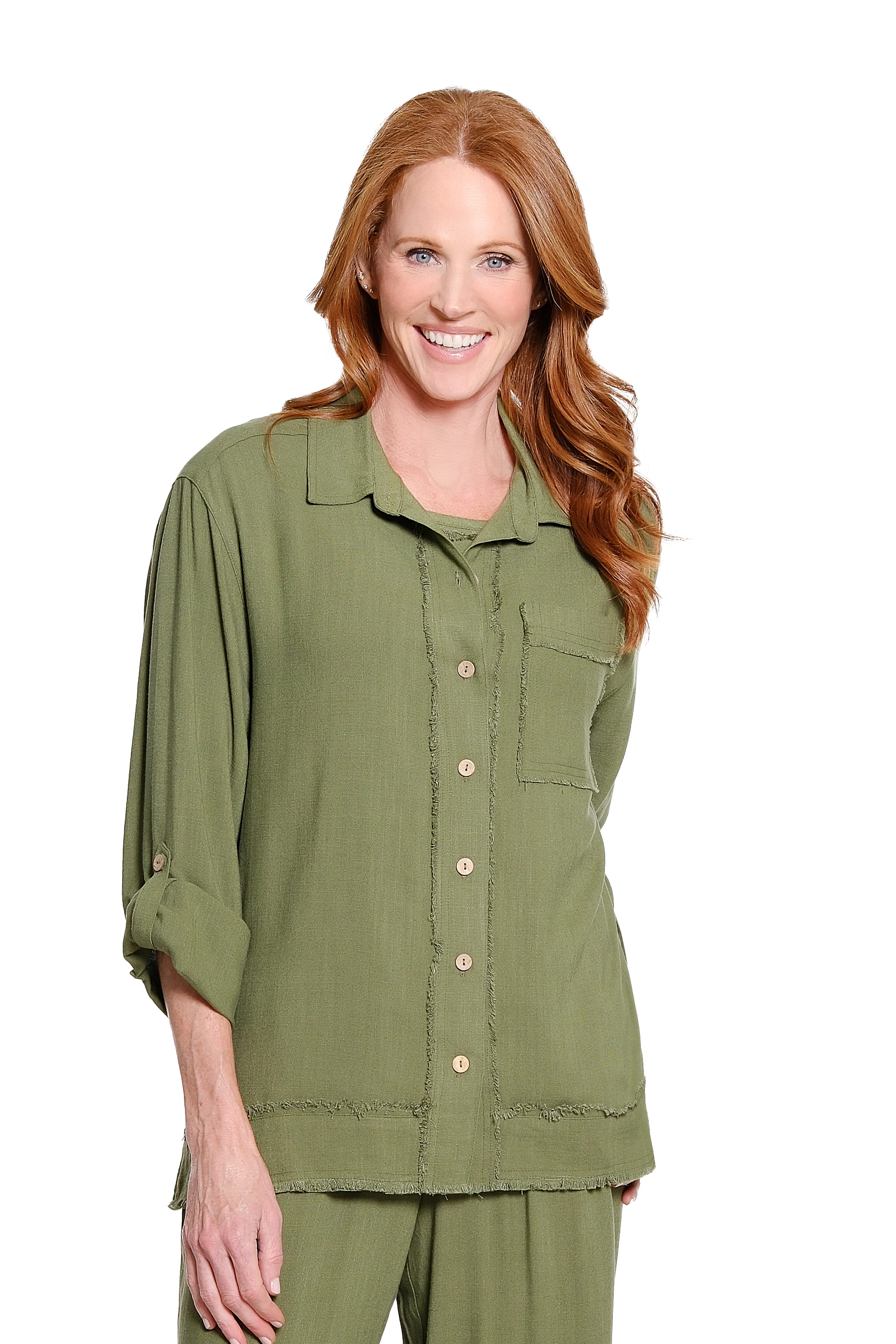 Roll Tab Cuffed Long Sleeve 1-Pocket Button Front Fringe Trim Woven Shirt - Olive