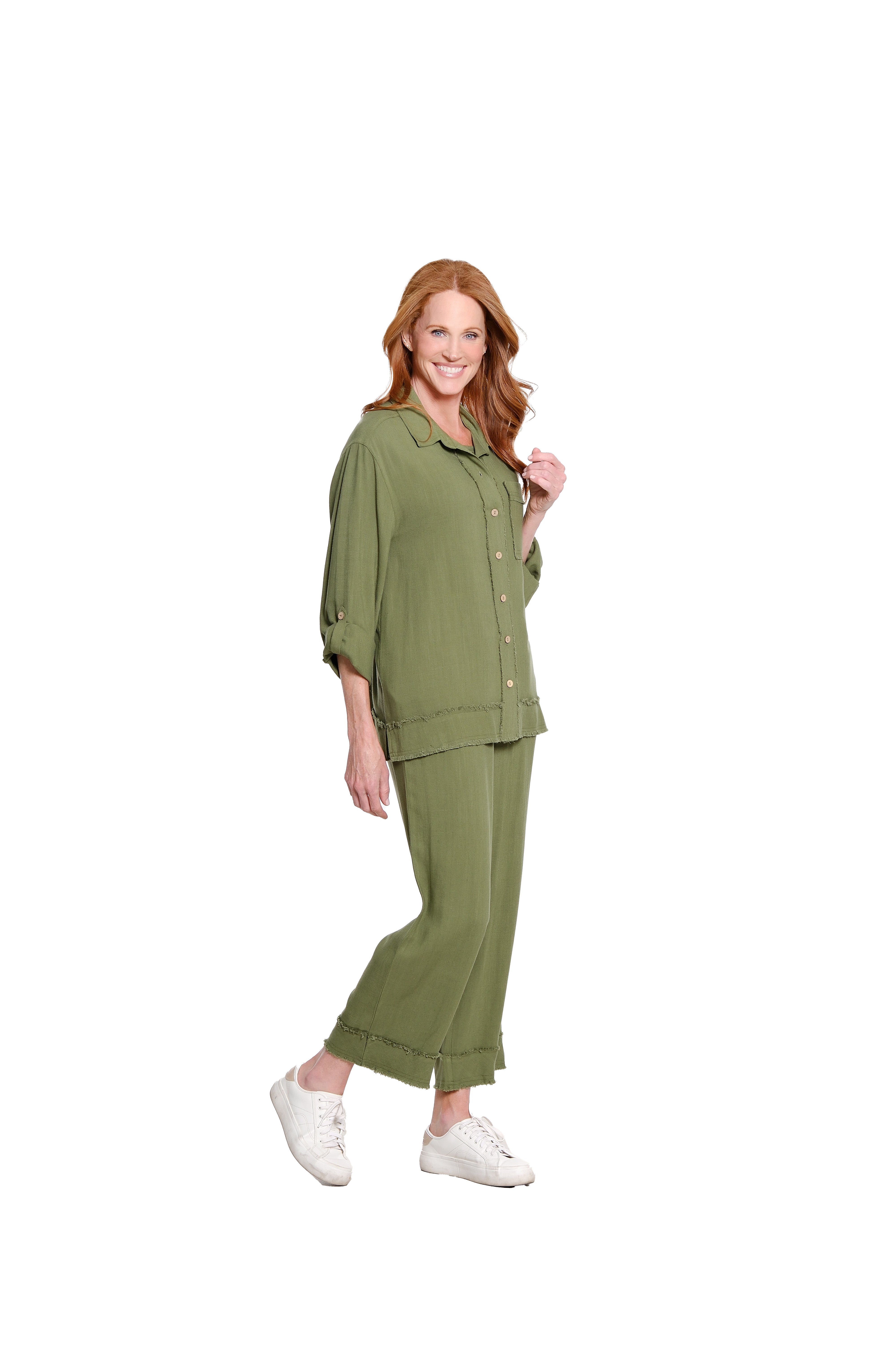 Roll Tab Cuffed Long Sleeve 1-Pocket Button Front Fringe Trim Woven Shirt - Olive