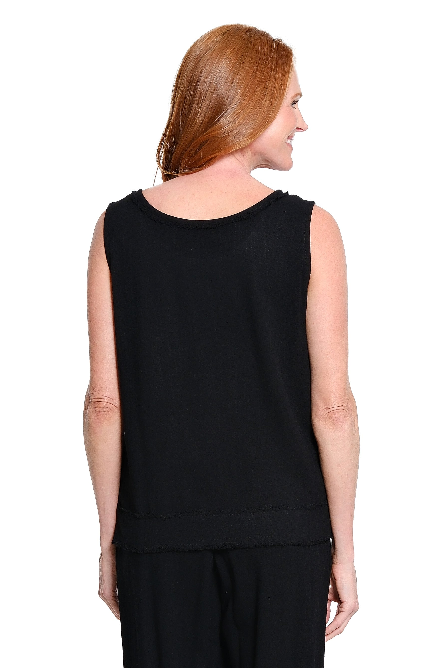 Woven Tank with Fringe Trim Bands - Black