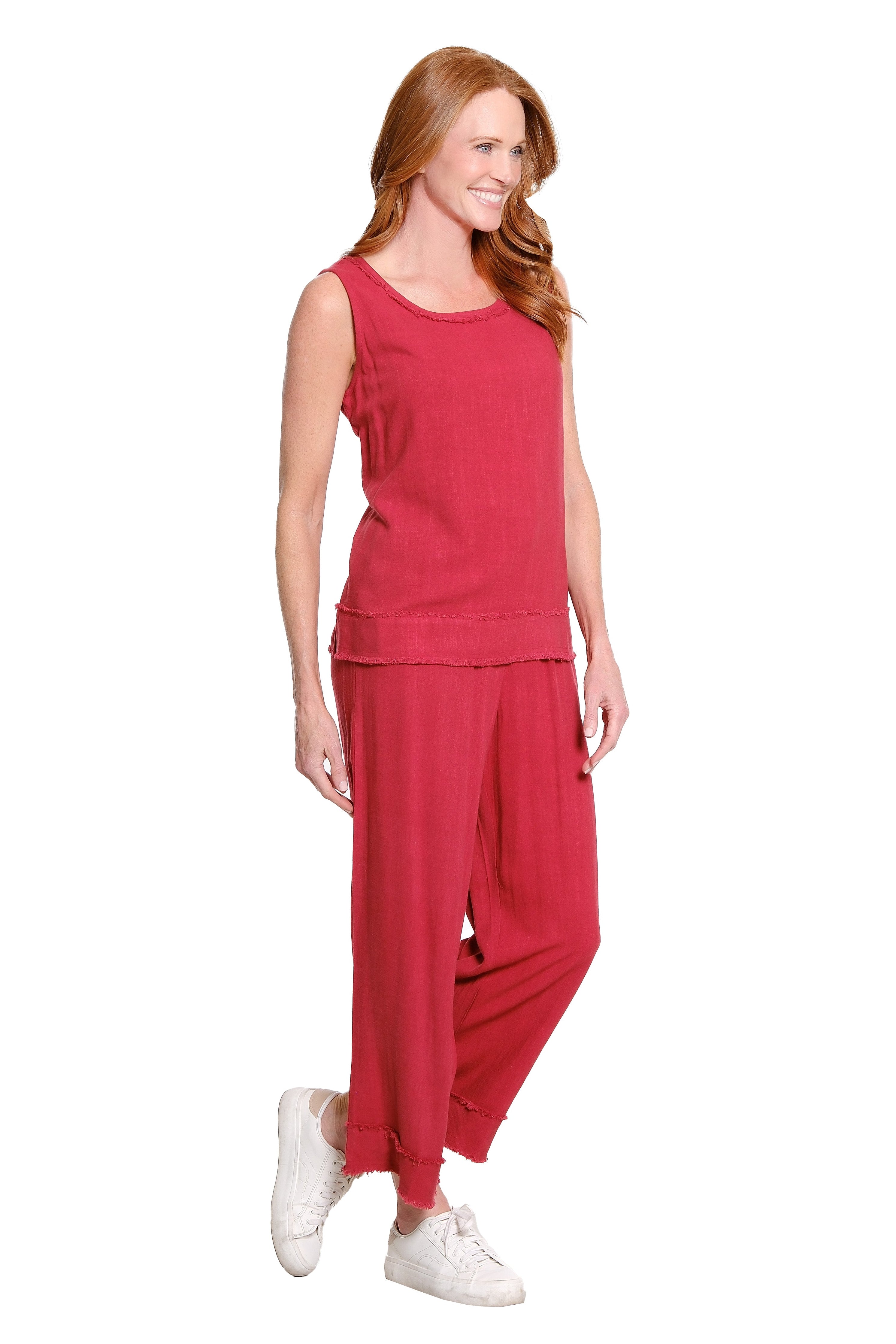 Woven Tank with Fringe Trim Bands - Brick