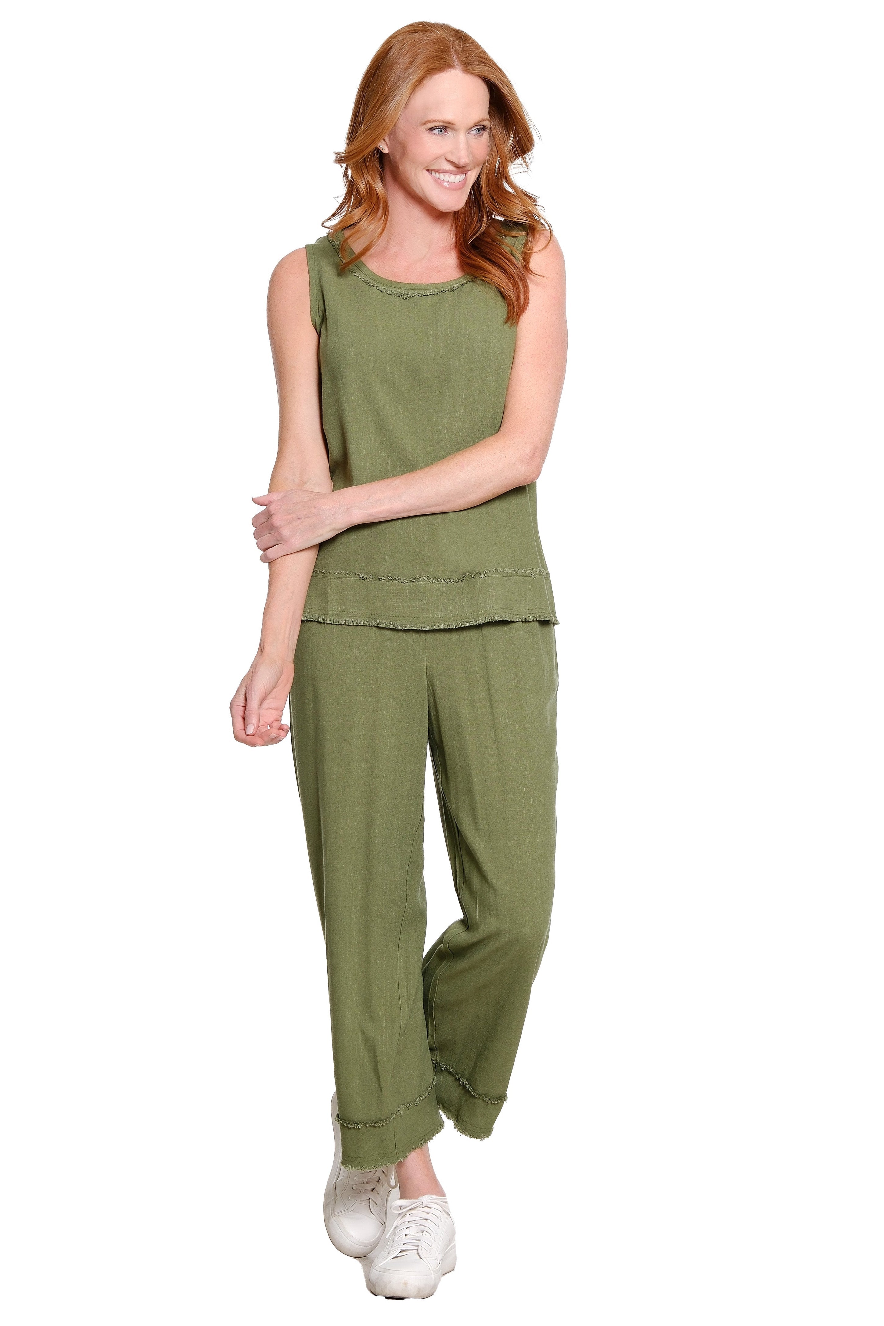 Woven Tank with Fringe Trim Bands - Olive