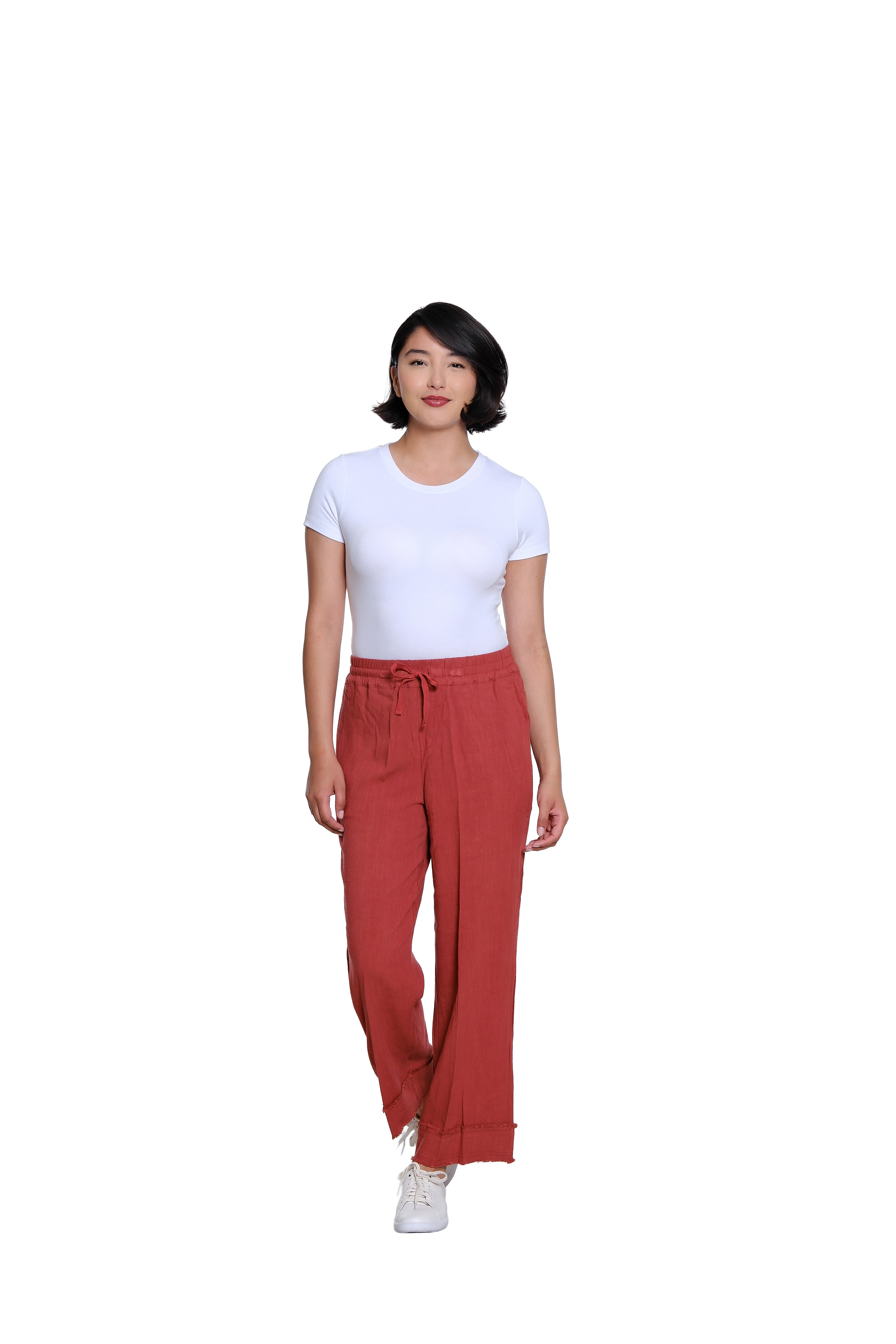 Drawstring Elastic Waist Pull On Woven Crop Pant with Fringe Hem Trim - Brick