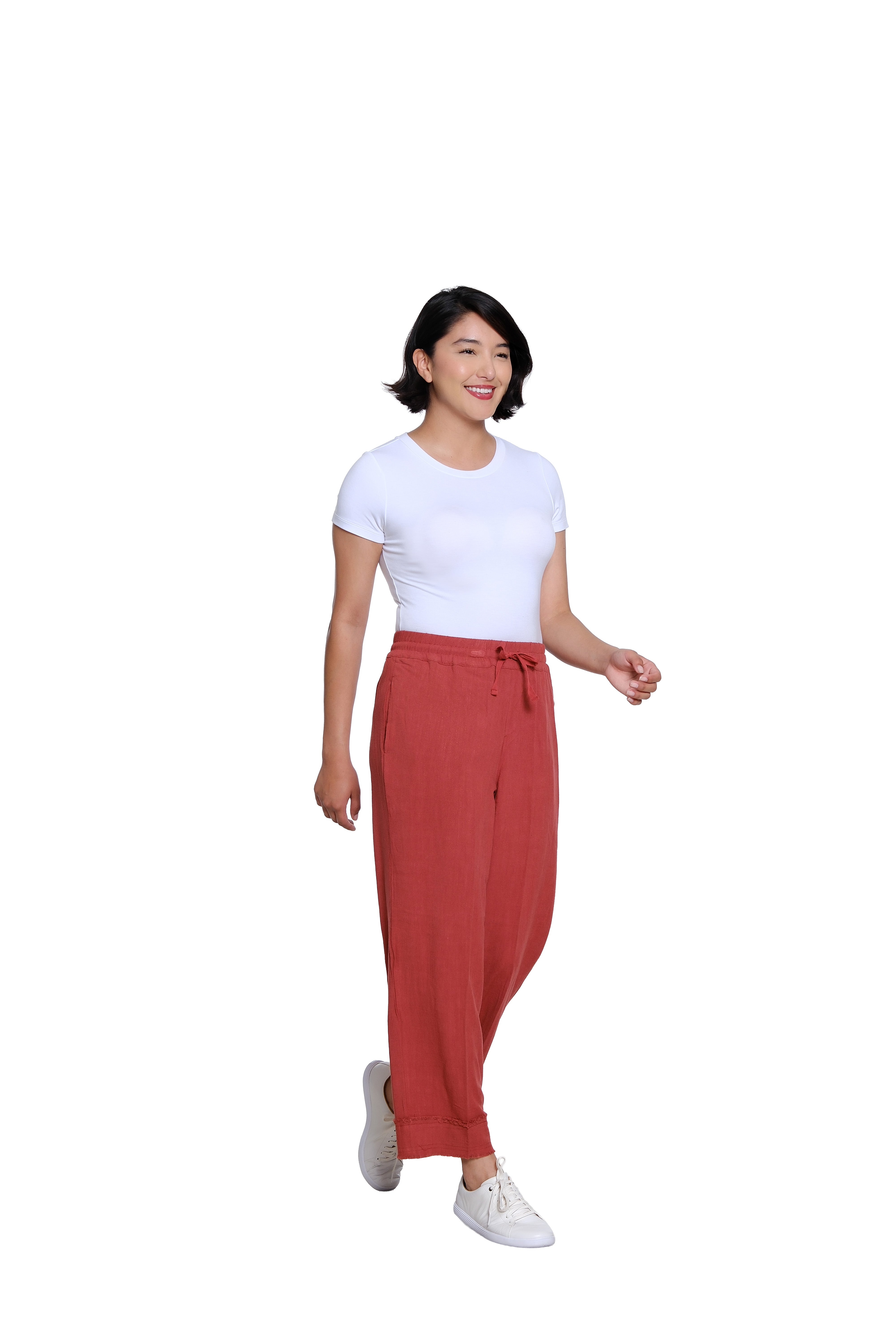 Drawstring Elastic Waist Pull On Woven Crop Pant with Fringe Hem Trim - Brick