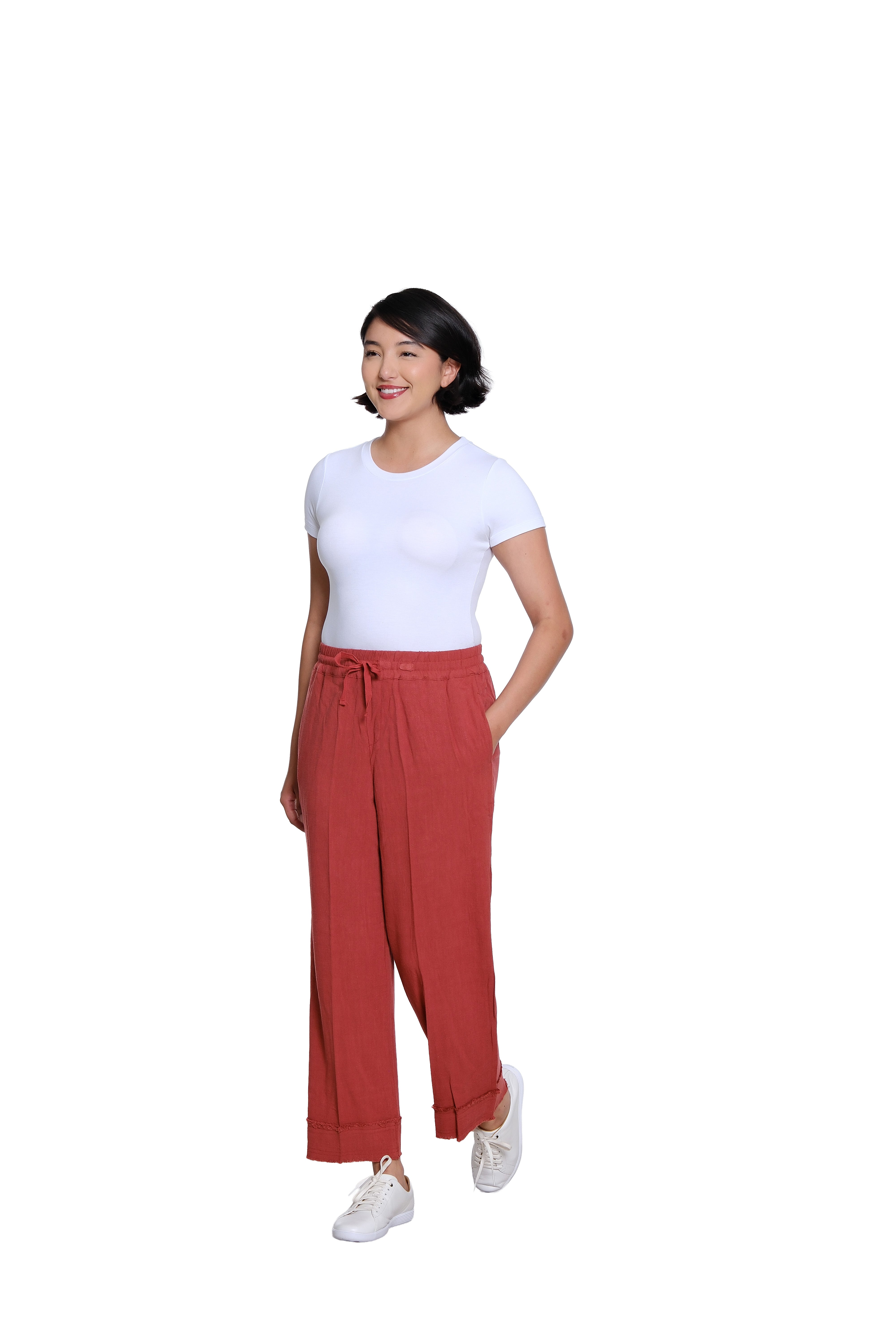 Drawstring Elastic Waist Pull On Woven Crop Pant with Fringe Hem Trim - Brick