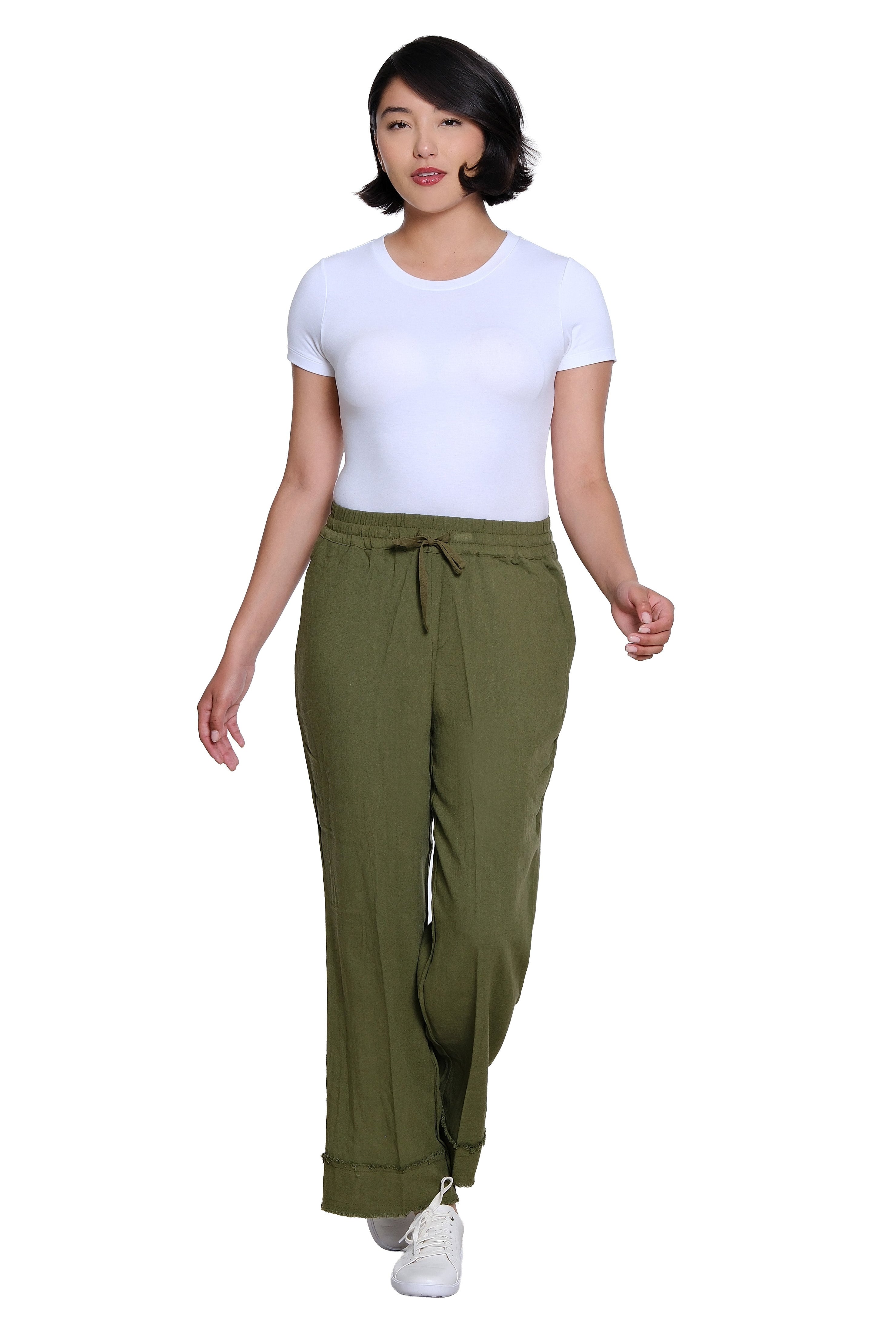 Drawstring Elastic Waist Pull On Woven Crop Pant with Fringe Hem Trim - Olive