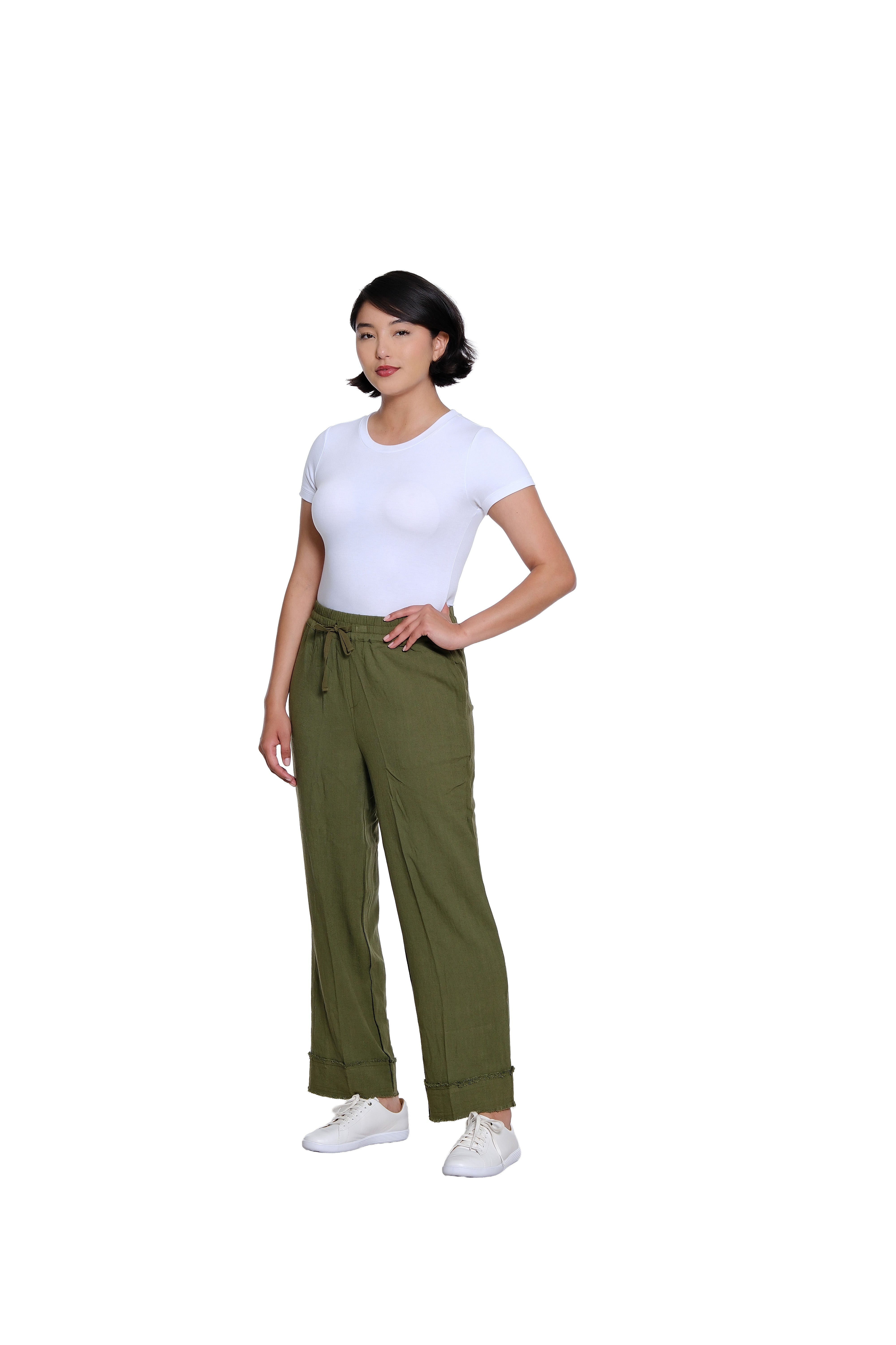 Drawstring Elastic Waist Pull On Woven Crop Pant with Fringe Hem Trim - Olive