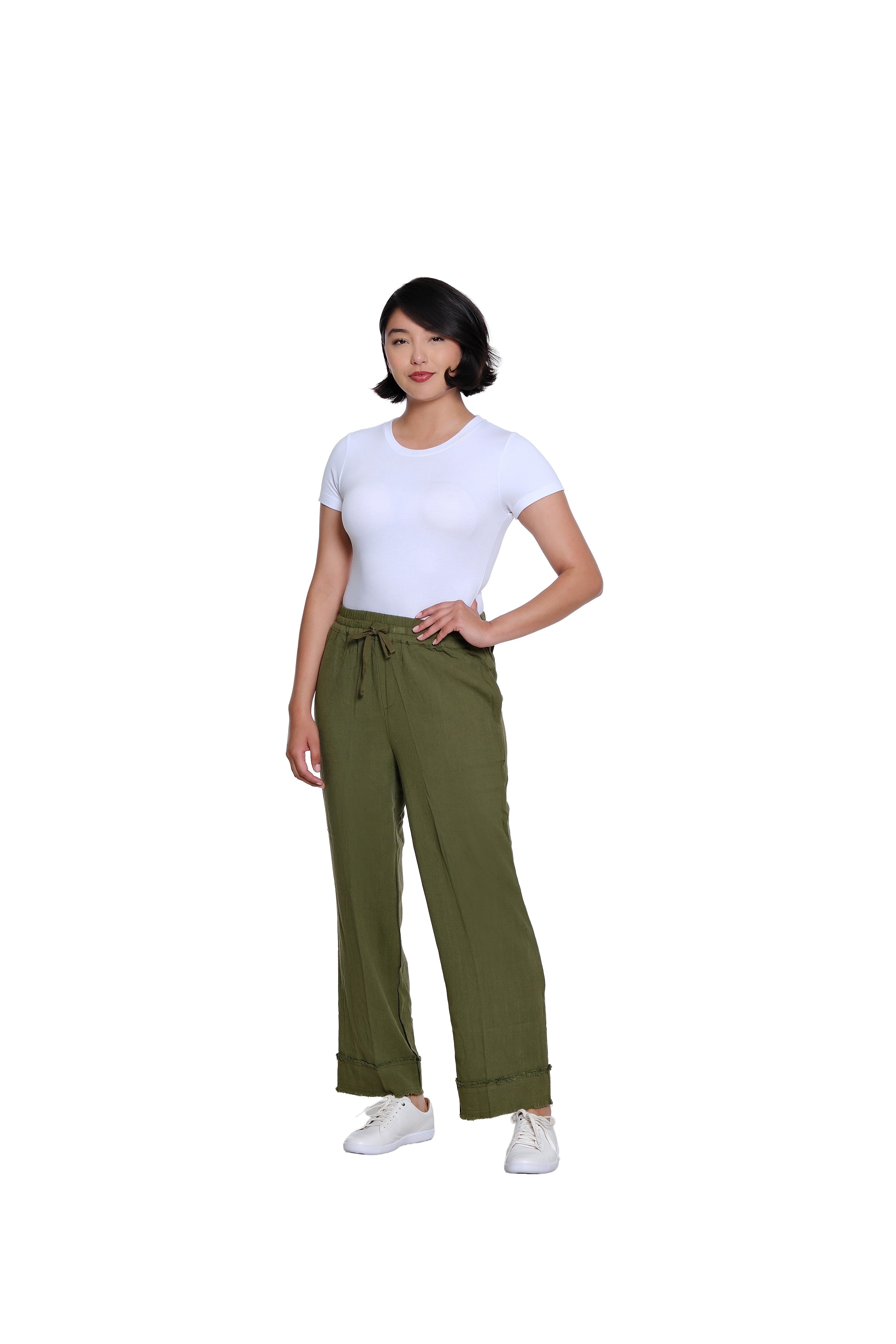 Drawstring Elastic Waist Pull On Woven Crop Pant with Fringe Hem Trim - Olive