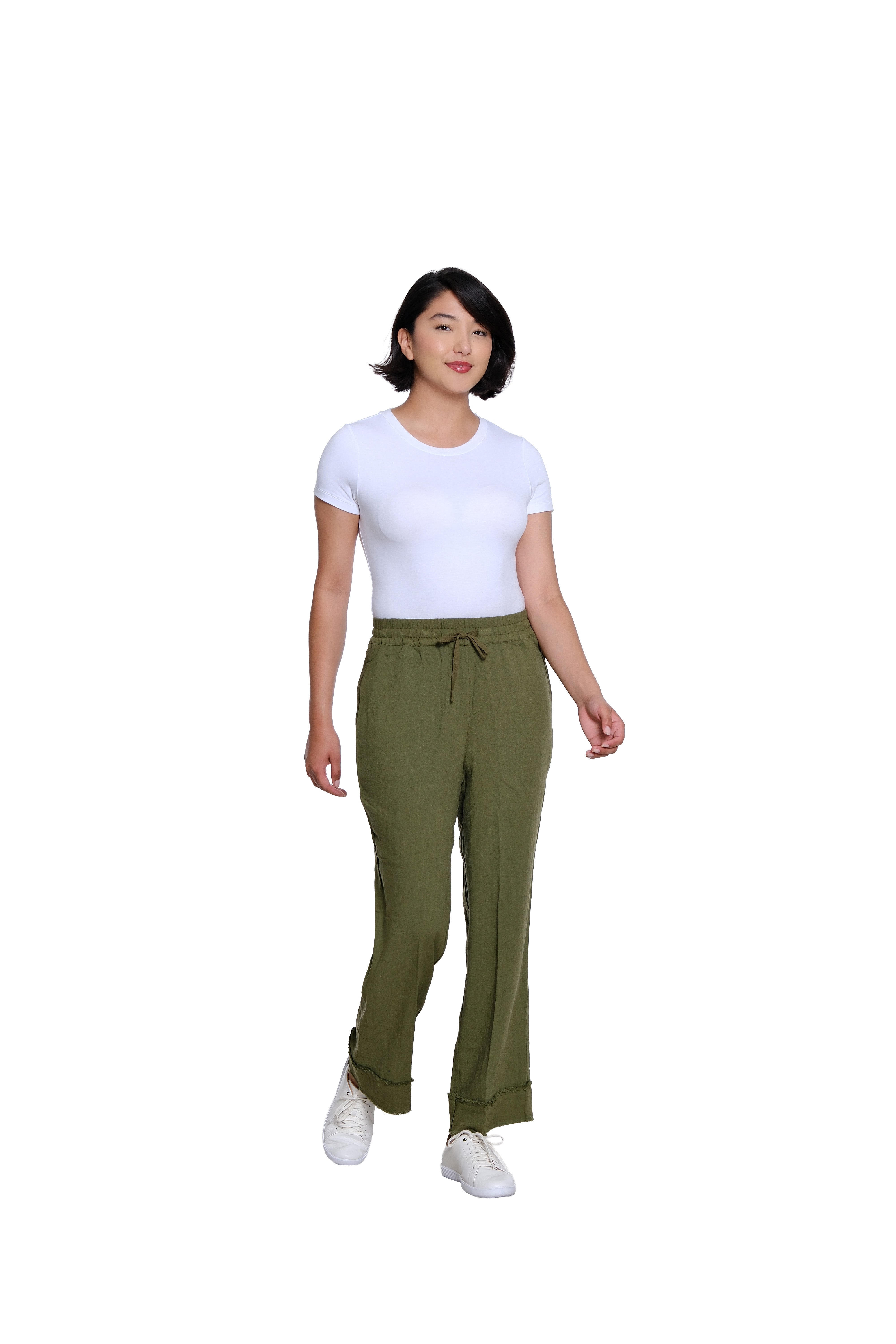 Drawstring Elastic Waist Pull On Woven Crop Pant with Fringe Hem Trim - Olive