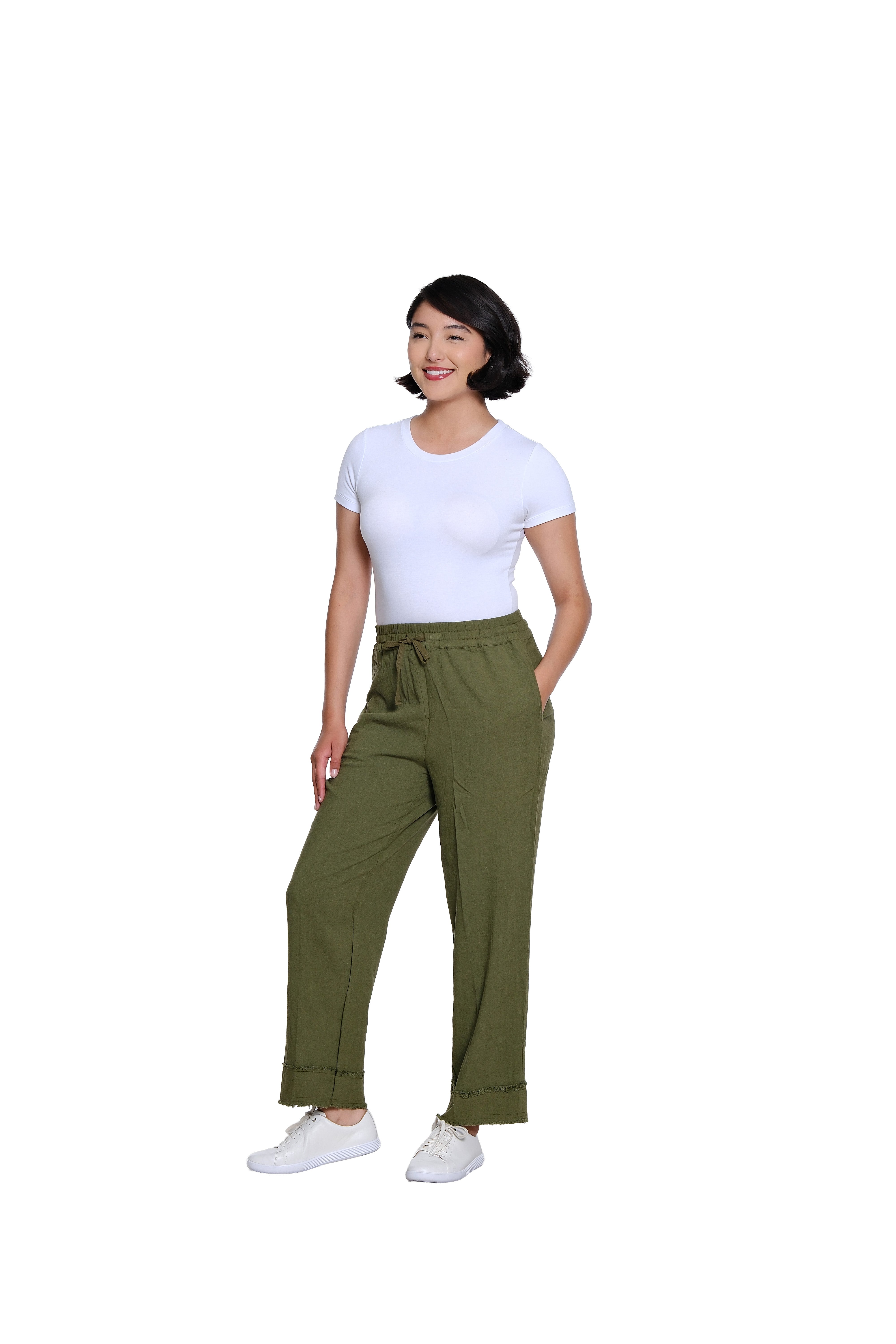 Drawstring Elastic Waist Pull On Woven Crop Pant with Fringe Hem Trim - Olive