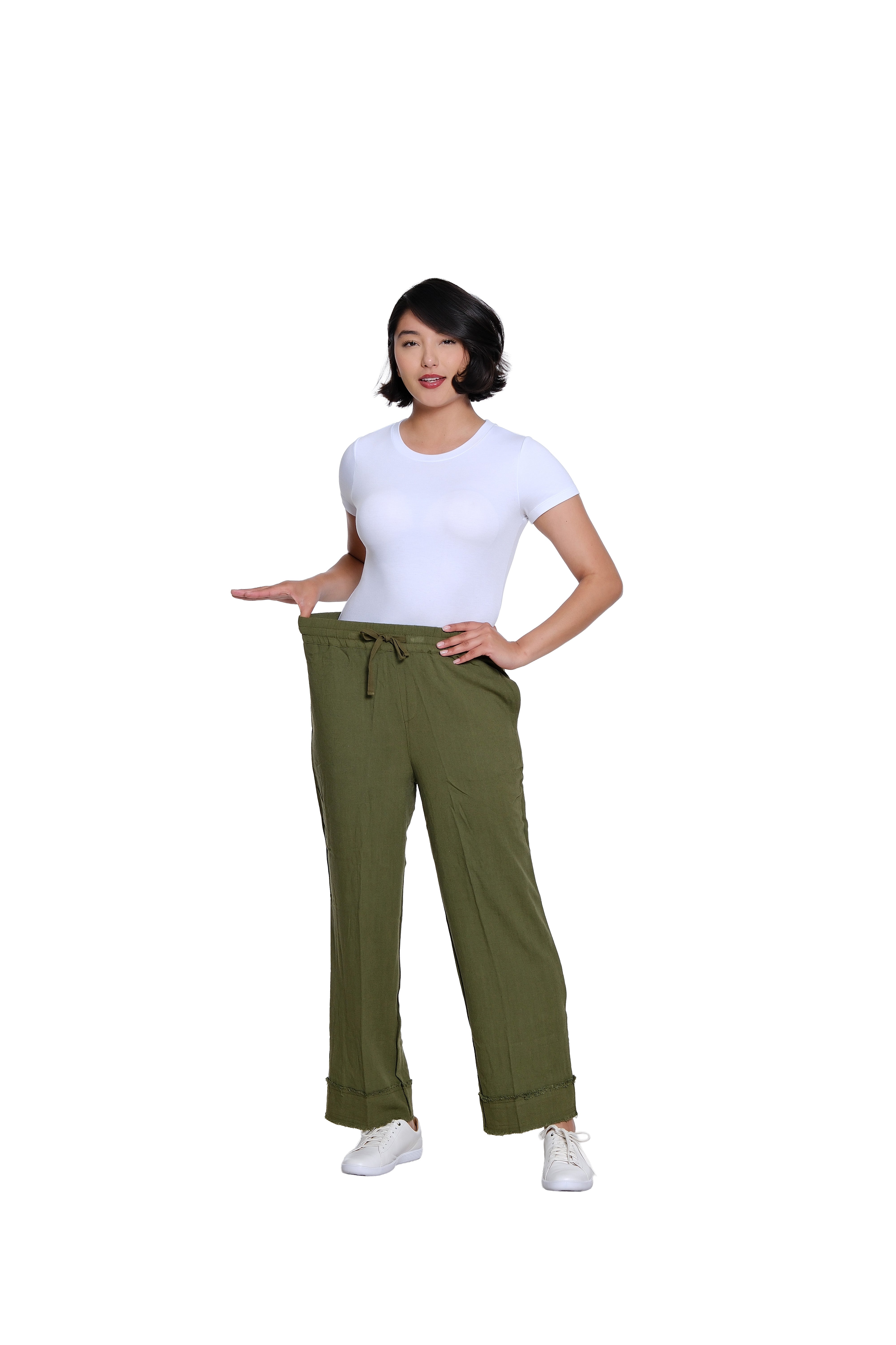 Drawstring Elastic Waist Pull On Woven Crop Pant with Fringe Hem Trim - Olive