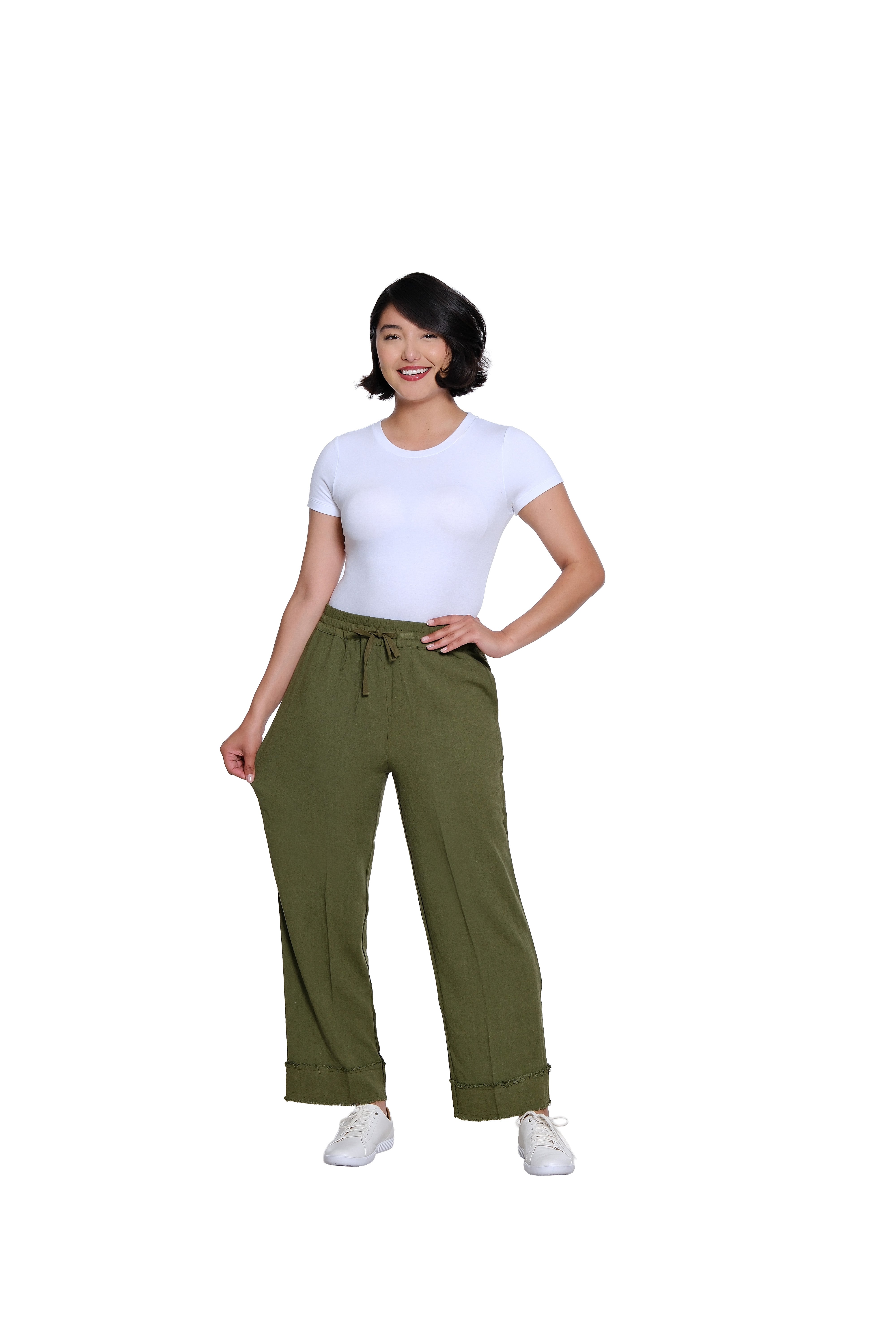 Drawstring Elastic Waist Pull On Woven Crop Pant with Fringe Hem Trim - Olive