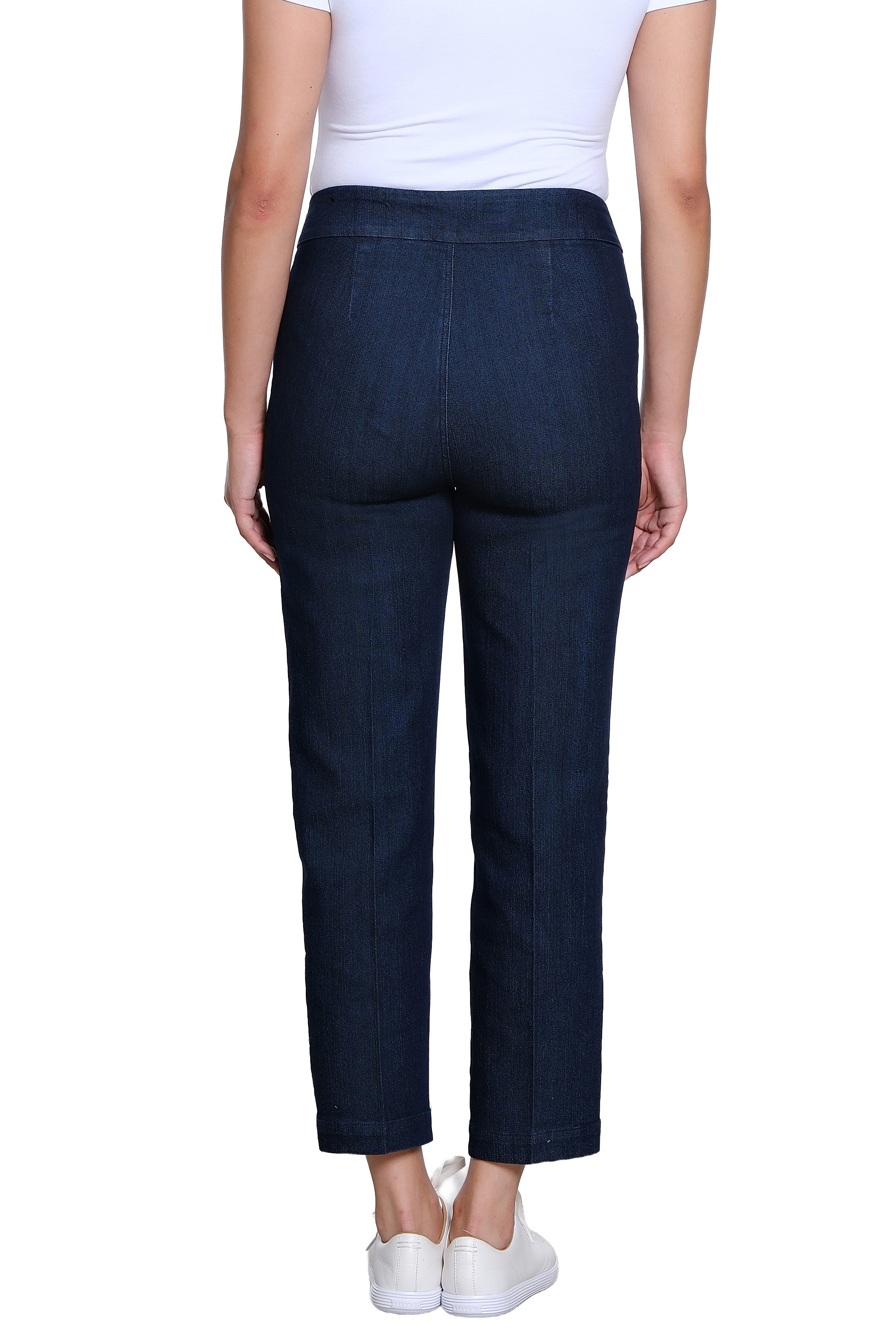 Pull On Woven Crop Pant with Real Front and Back Pockets and Slant Strap Vent - Denim
