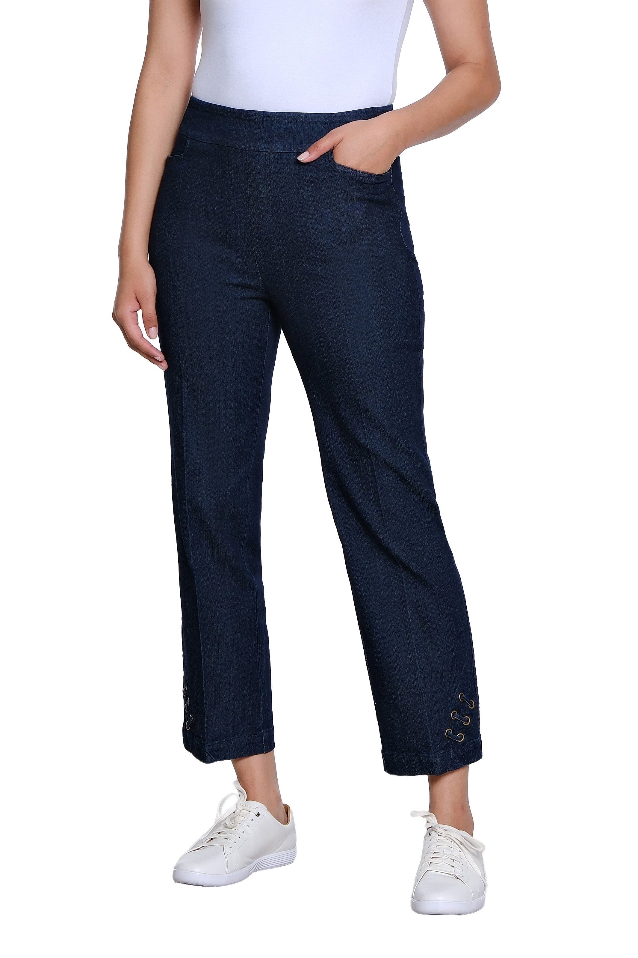 Pull On Woven Crop Pant with Real Front and Back Pockets and Slant Strap Vent - Denim