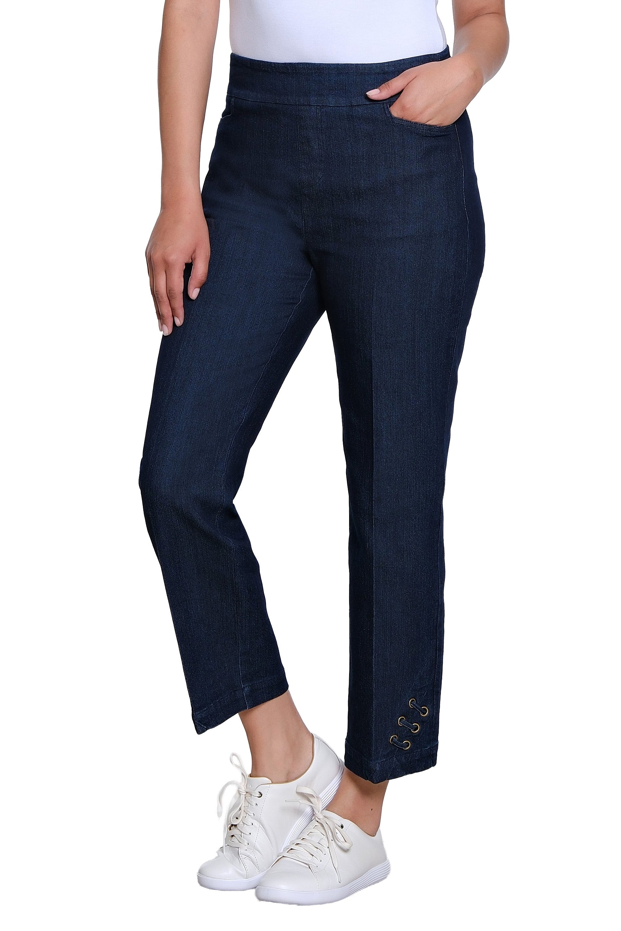 Pull On Woven Crop Pant with Real Front and Back Pockets and Slant Strap Vent - Denim