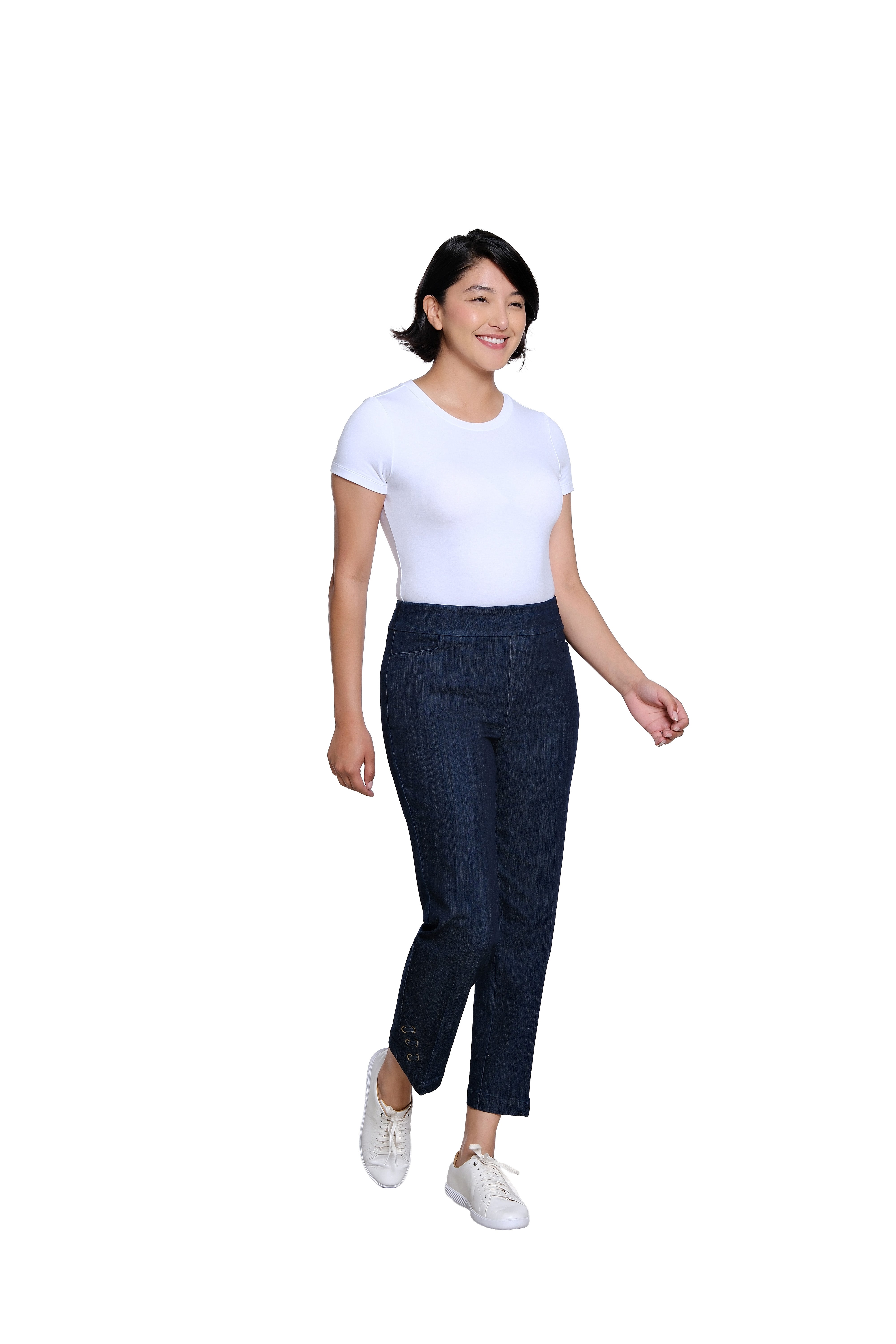 Pull On Woven Crop Pant with Real Front and Back Pockets and Slant Strap Vent - Denim