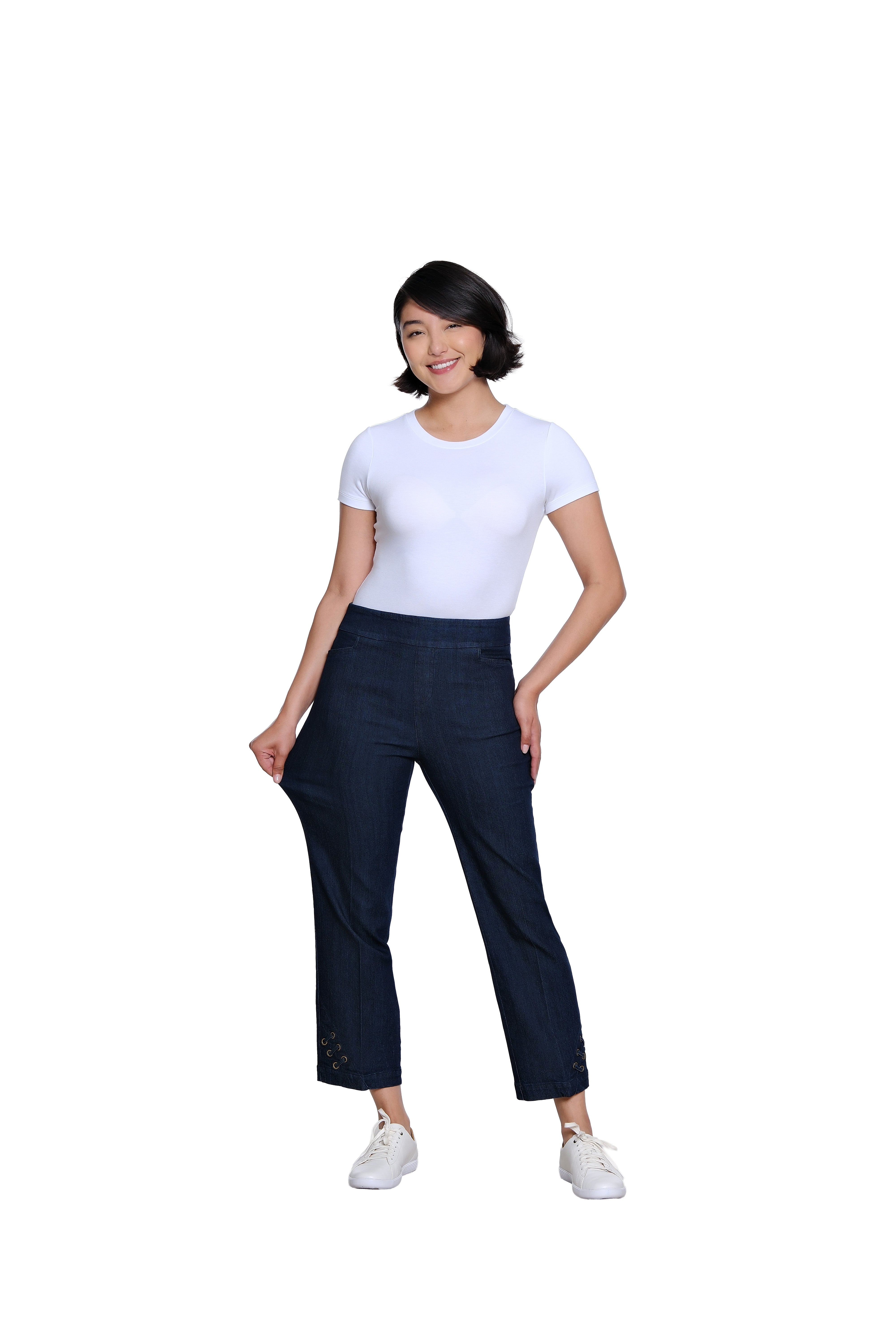 Pull On Woven Crop Pant with Real Front and Back Pockets and Slant Strap Vent - Denim