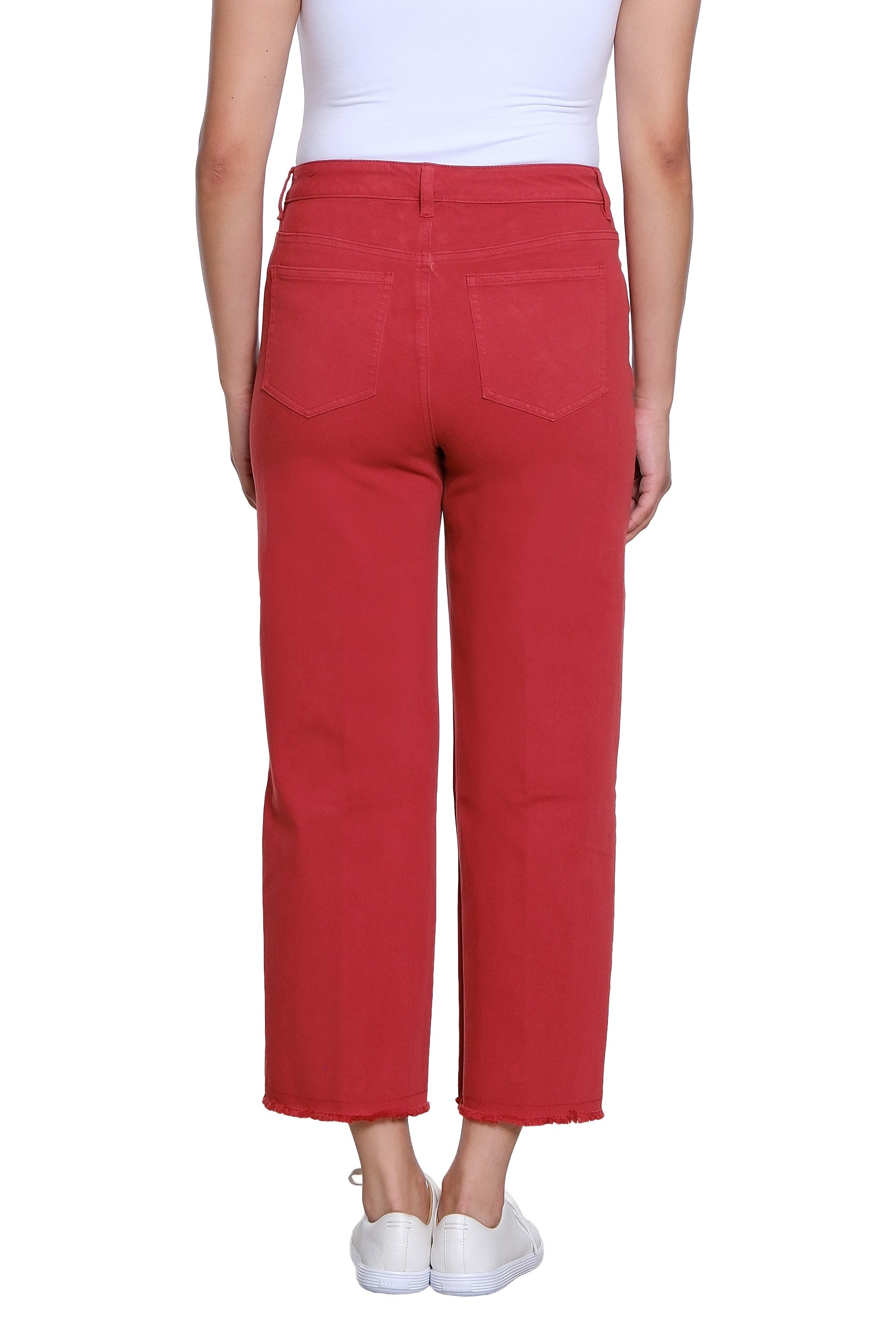 Zip/Button Front 5-Pocket Seamed Woven Crop Jean with Fringe Hem - Brick