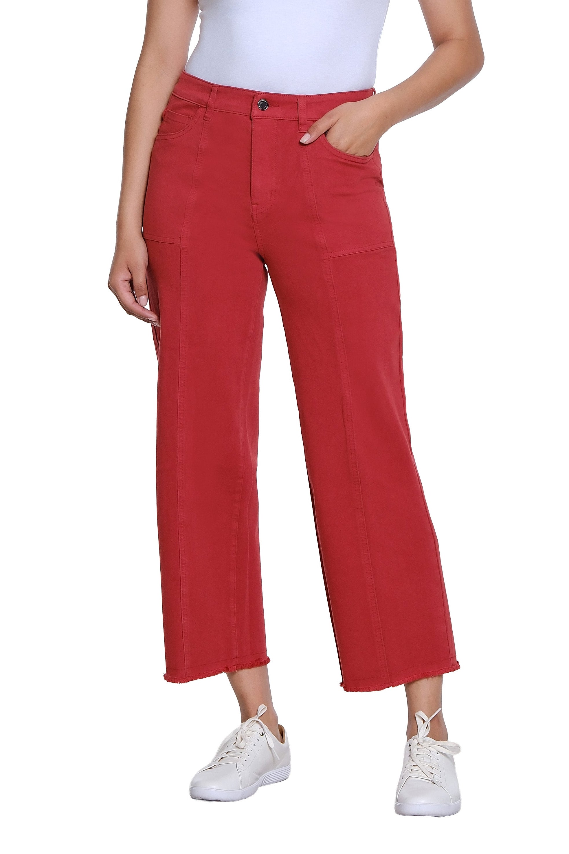 Zip/Button Front 5-Pocket Seamed Woven Crop Jean with Fringe Hem - Brick