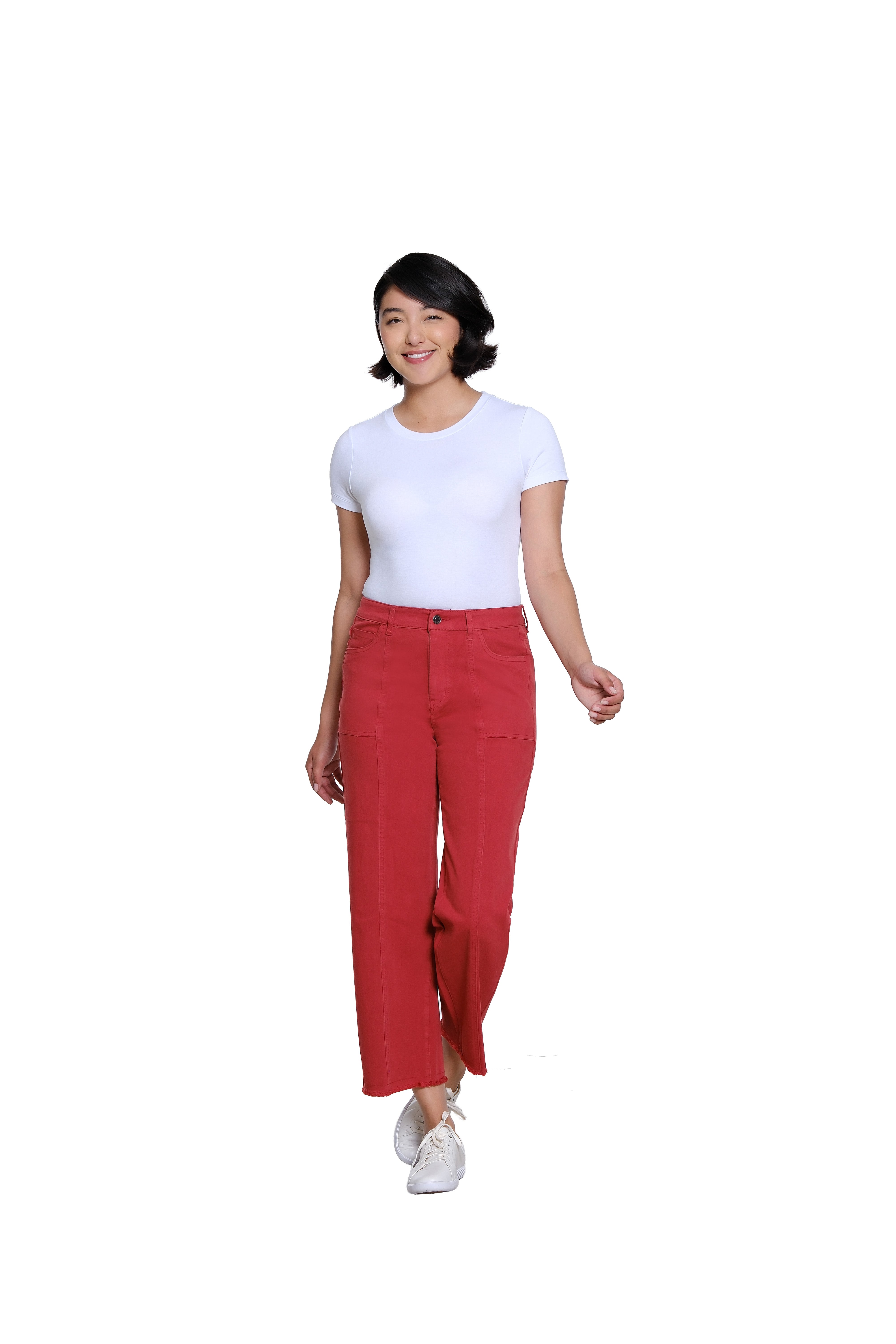 Zip/Button Front 5-Pocket Seamed Woven Crop Jean with Fringe Hem - Brick