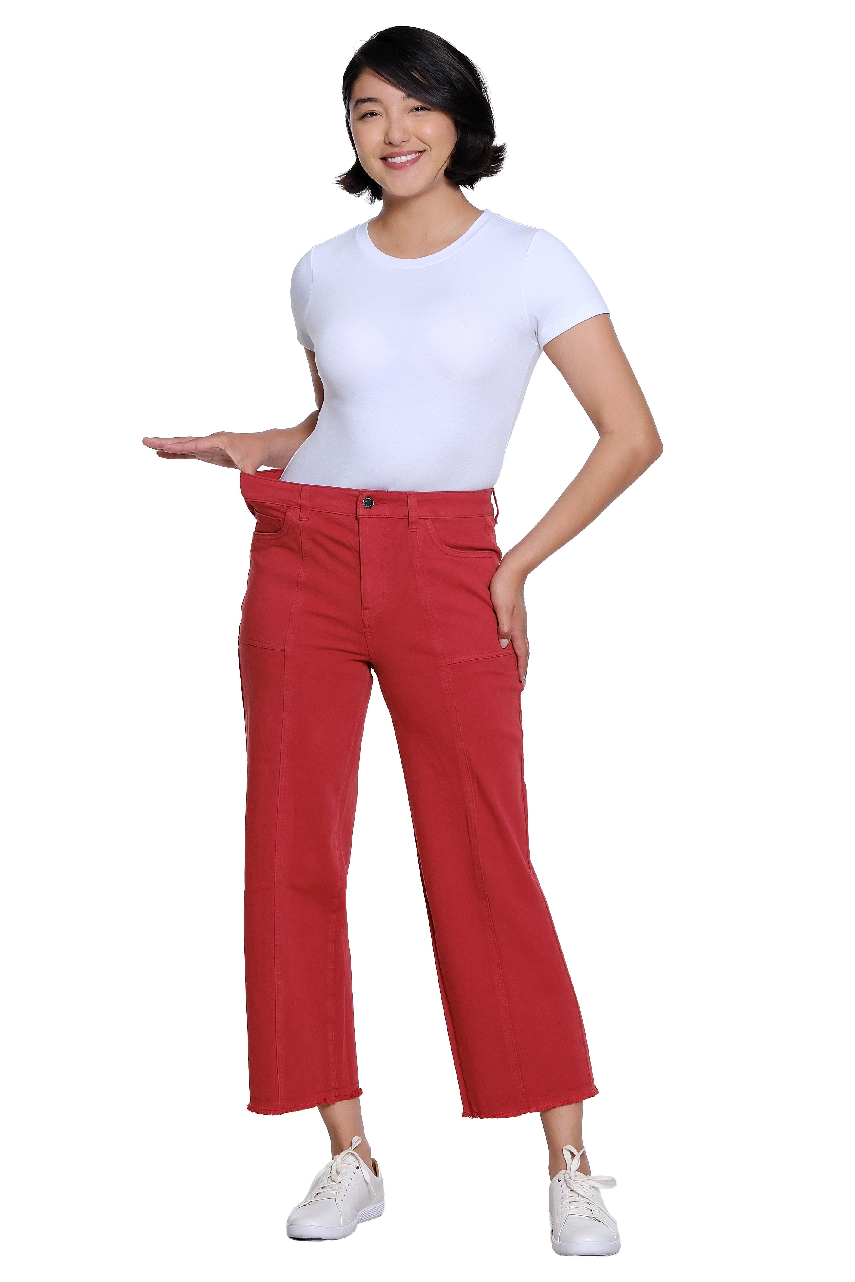 Zip/Button Front 5-Pocket Seamed Woven Crop Jean with Fringe Hem - Brick