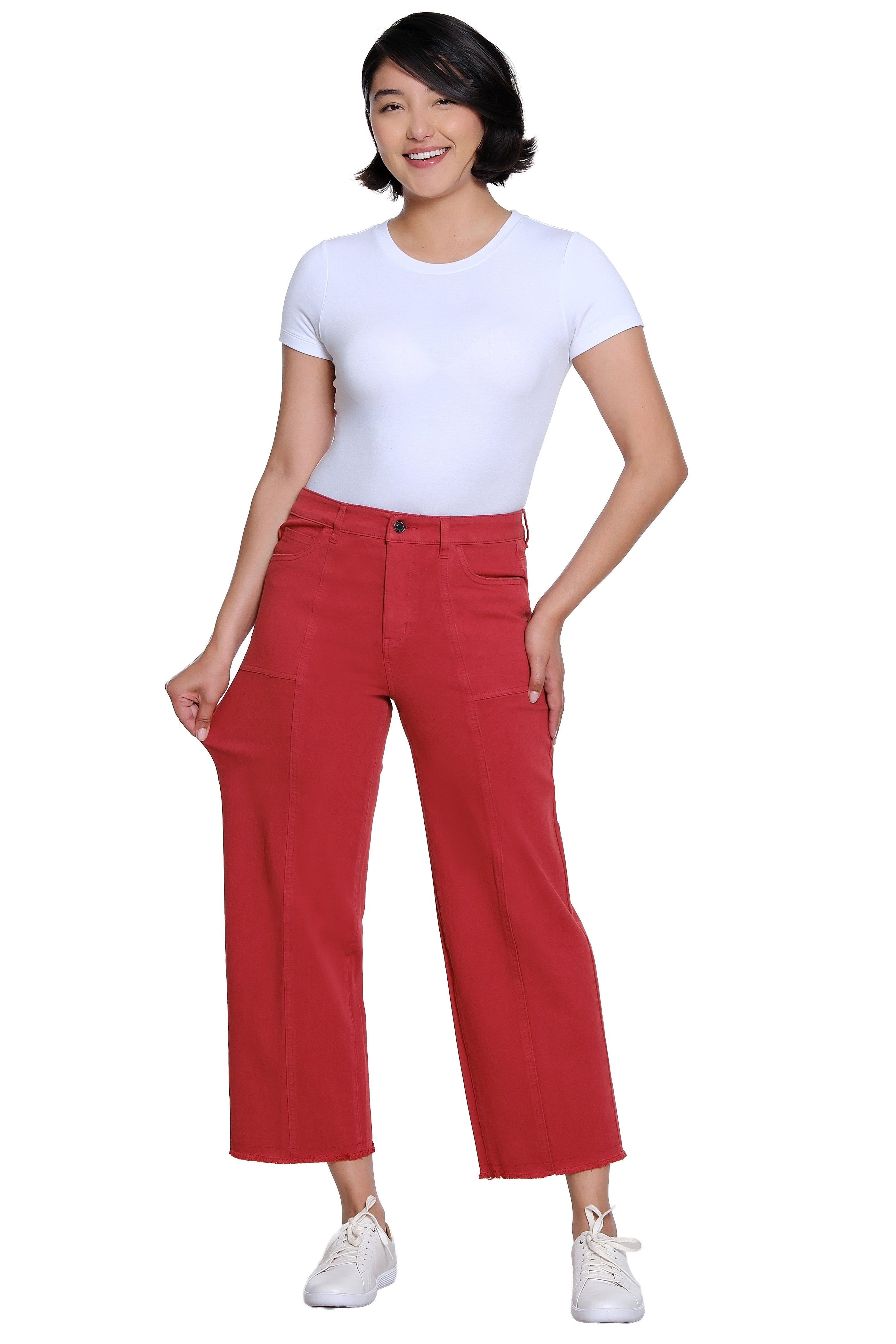 Zip/Button Front 5-Pocket Seamed Woven Crop Jean with Fringe Hem - Brick