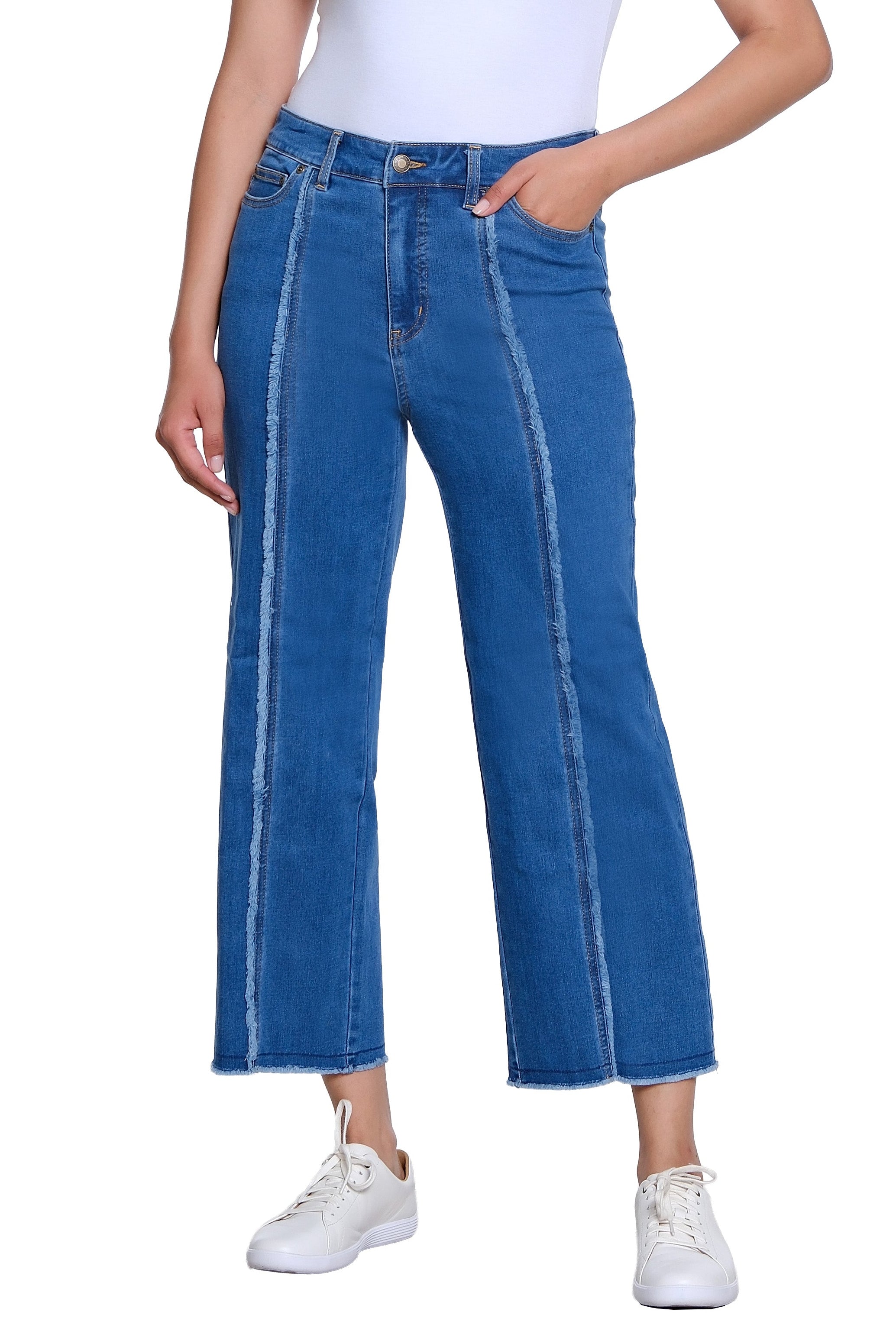 Woven Crop Jean with Front Fringe Seam - Medium Indigo