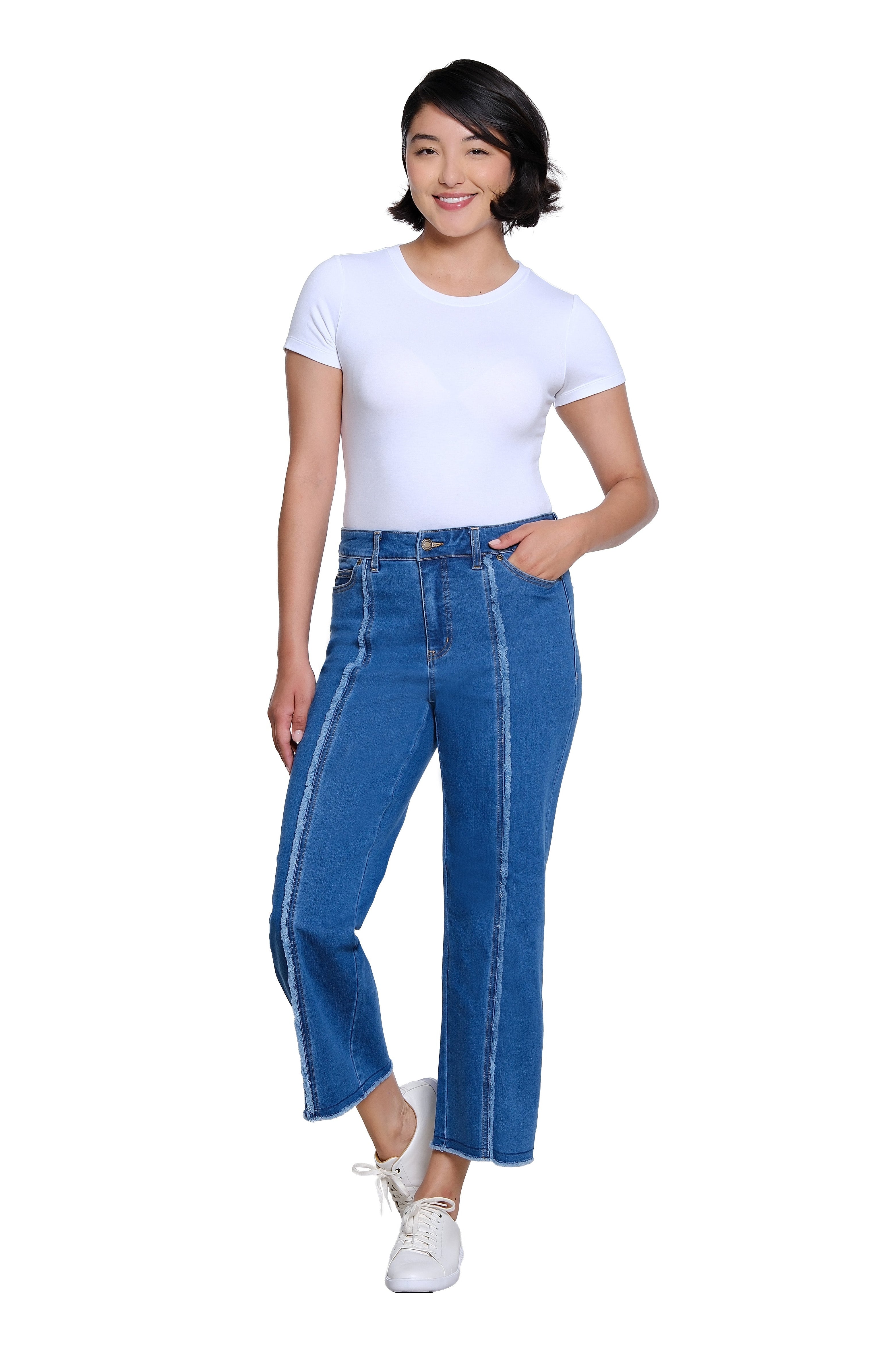 Woven Crop Jean with Front Fringe Seam - Medium Indigo