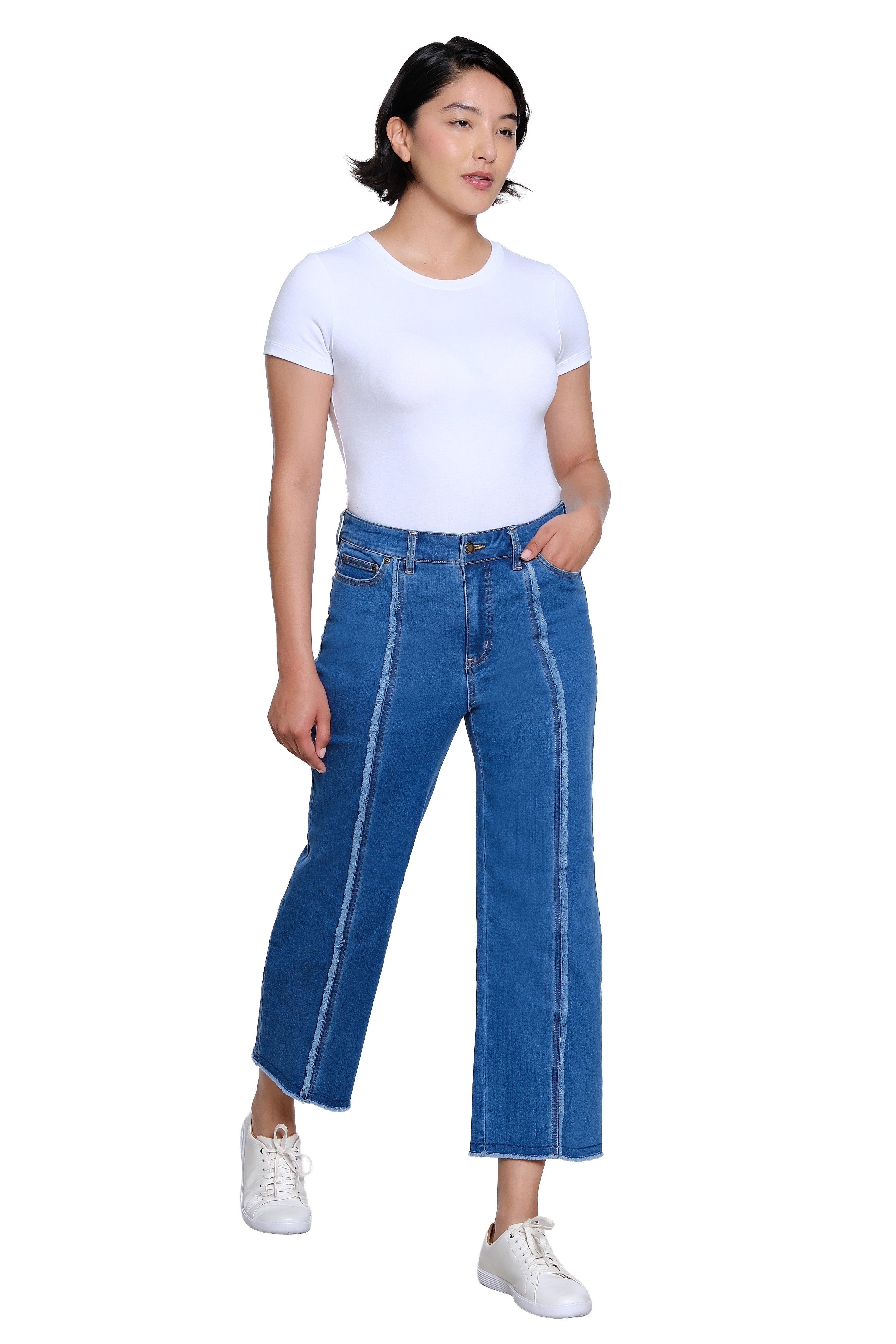 Woven Crop Jean with Front Fringe Seam - Medium Indigo