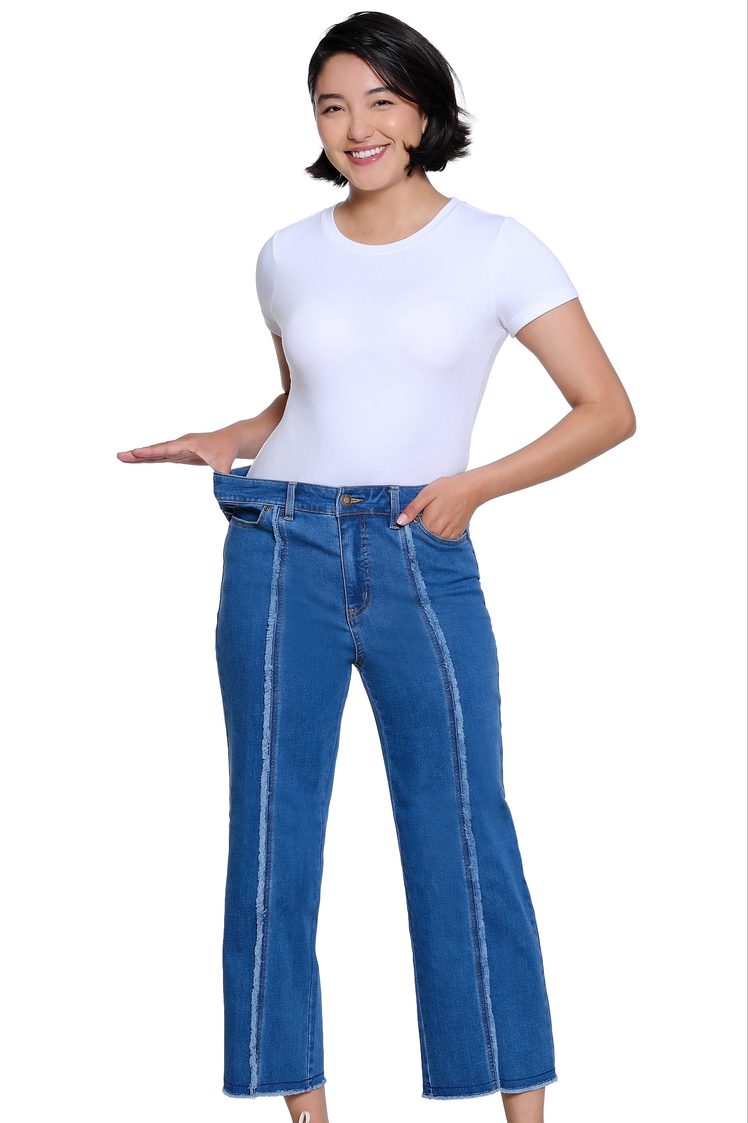 Woven Crop Jean with Front Fringe Seam - Medium Indigo