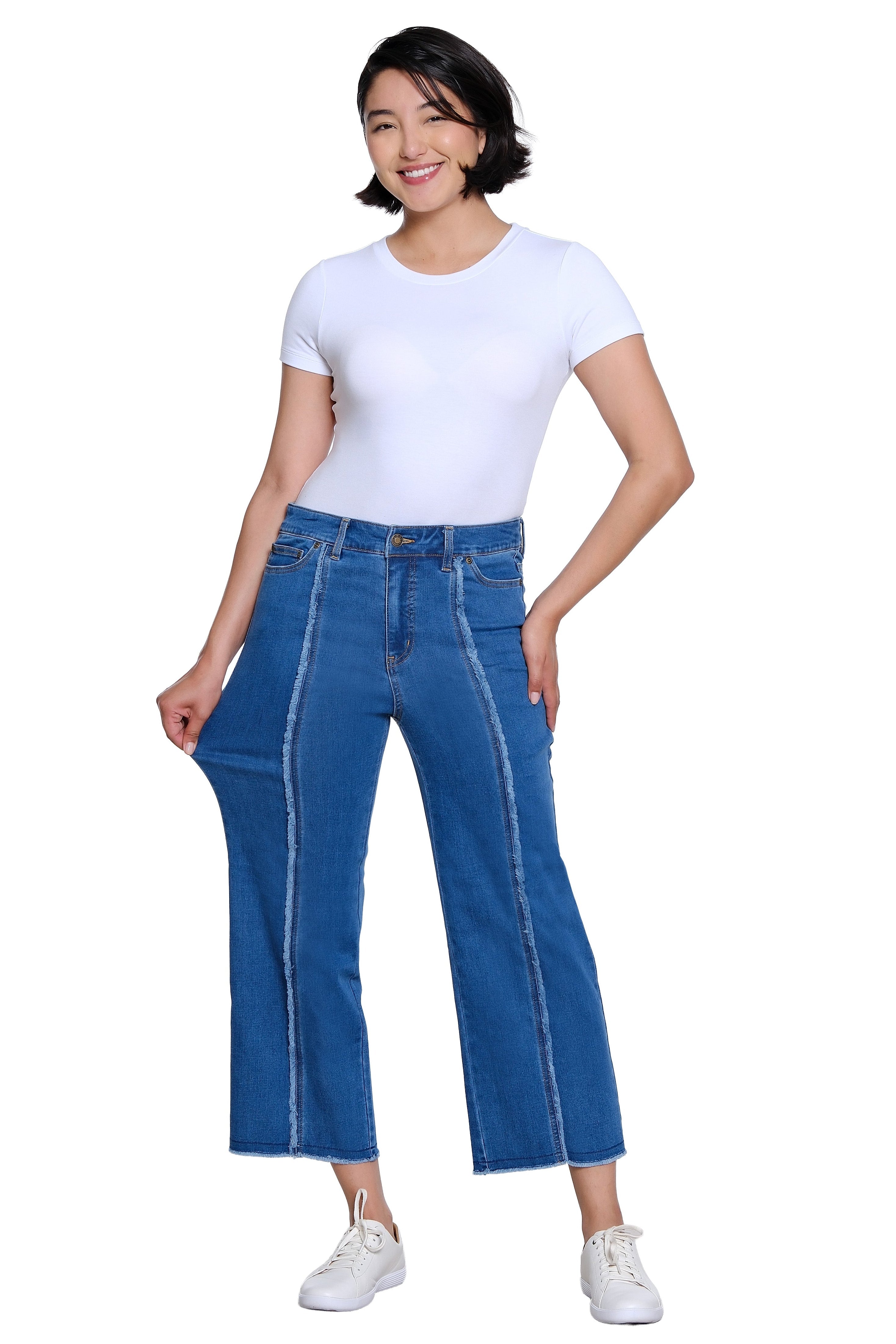 Woven Crop Jean with Front Fringe Seam - Medium Indigo