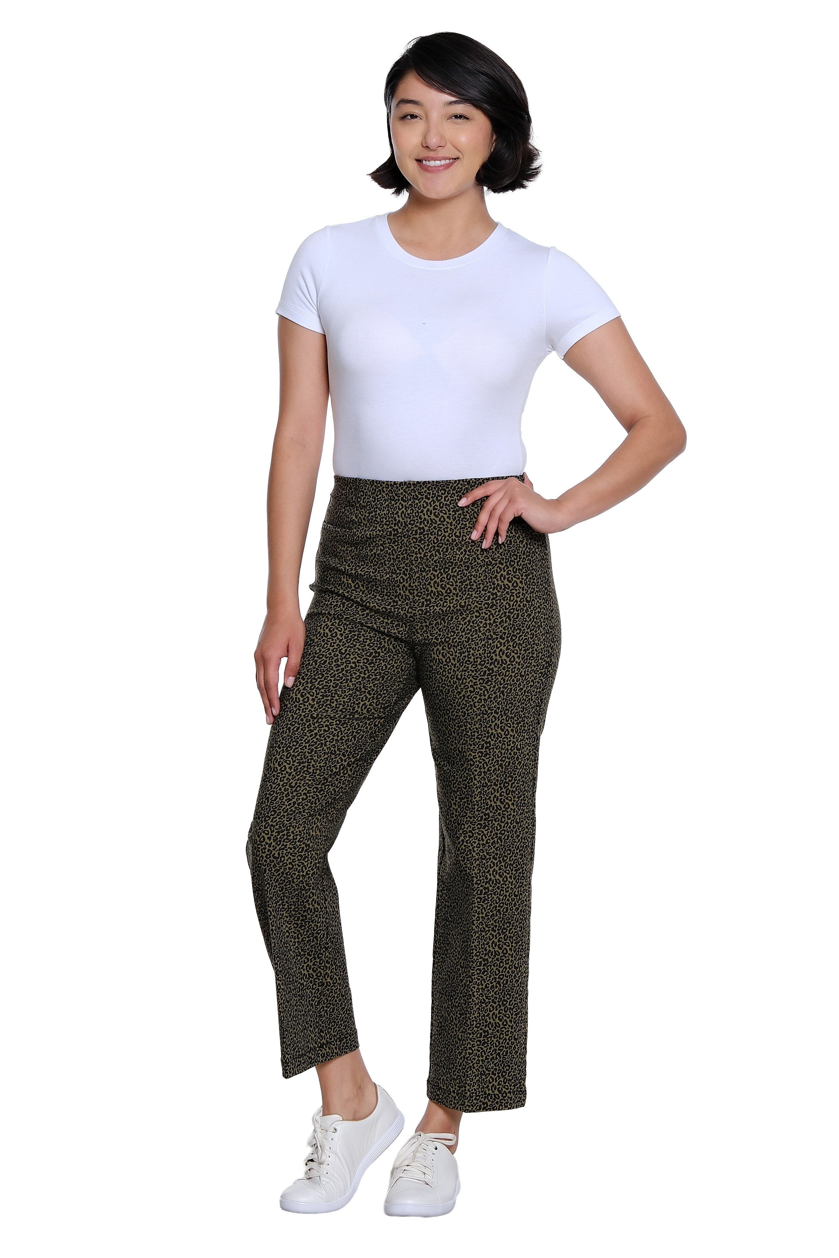 Side Elastic Waist Faux Welt Pocket Wide Leg Woven Ankle Pant - Black Print