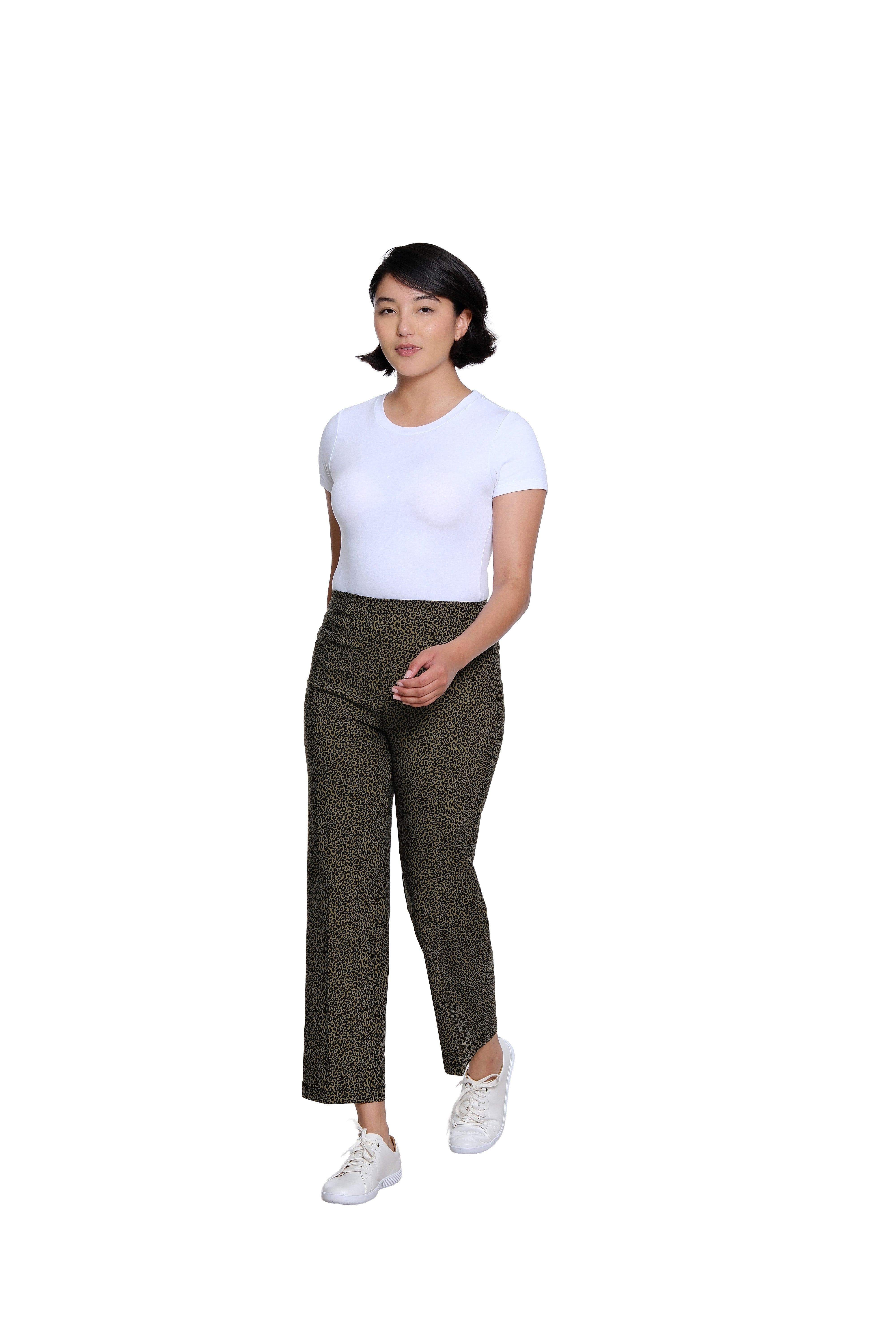Side Elastic Waist Faux Welt Pocket Wide Leg Woven Ankle Pant - Black Print