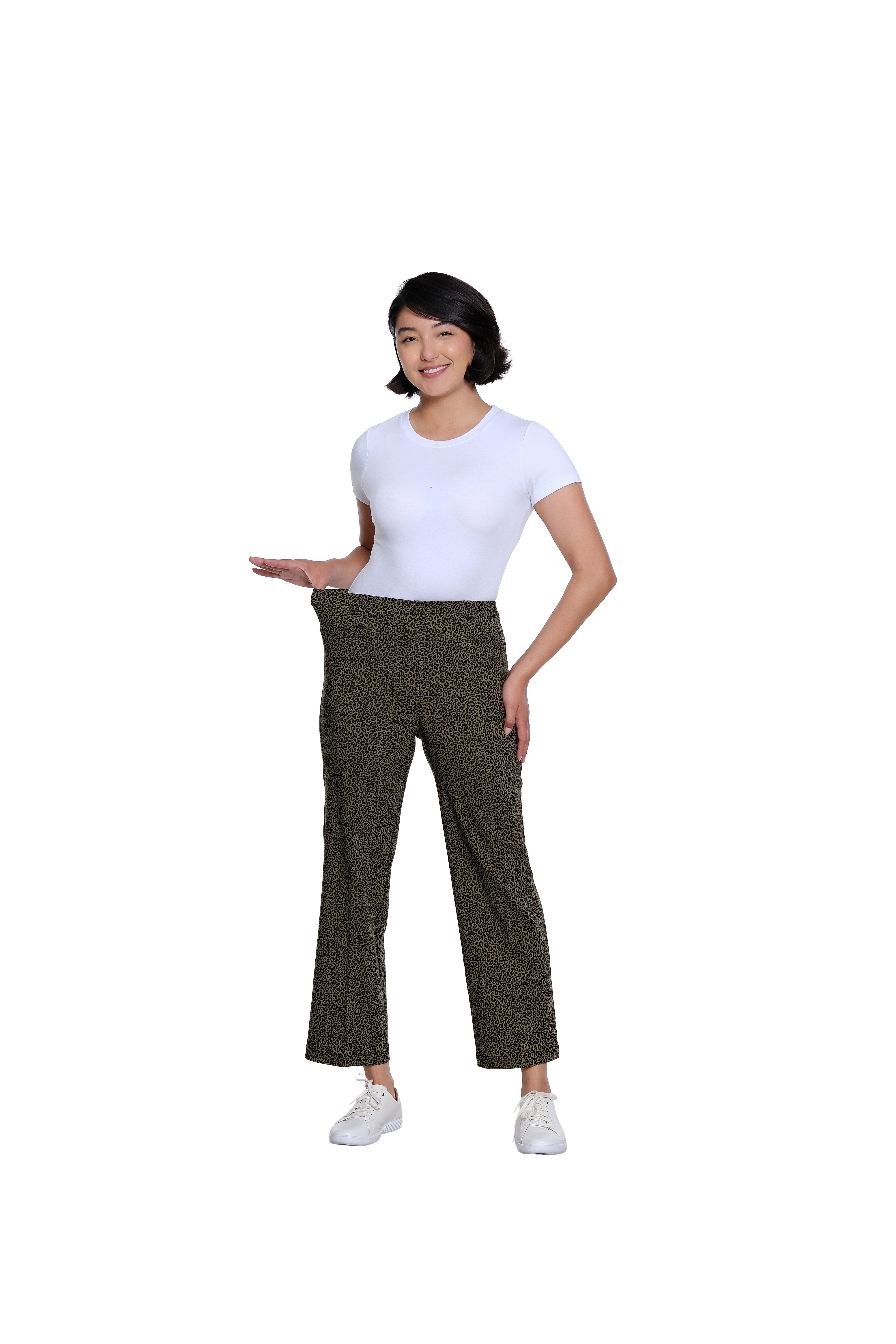 Side Elastic Waist Faux Welt Pocket Wide Leg Woven Ankle Pant - Black Print