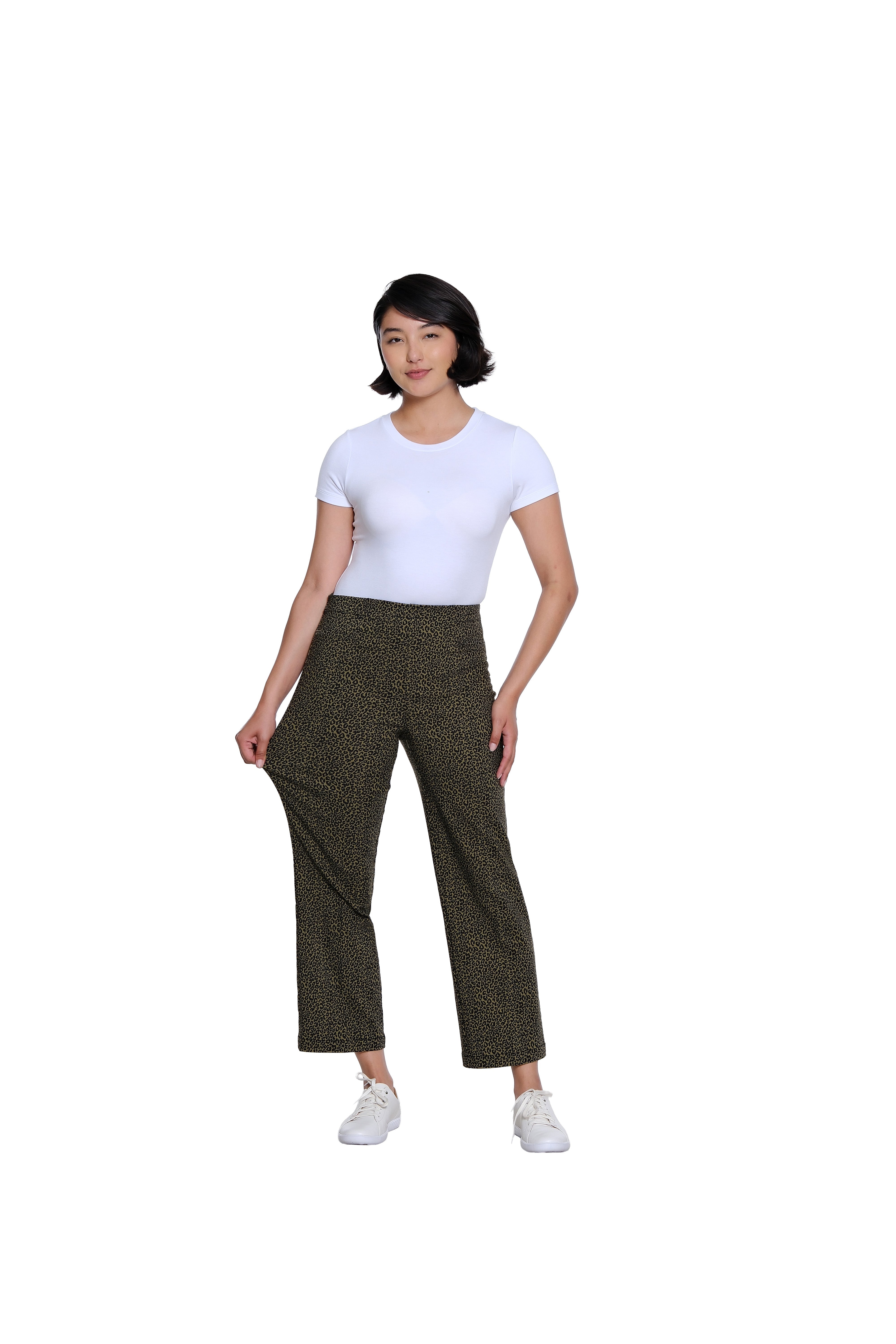 Side Elastic Waist Faux Welt Pocket Wide Leg Woven Ankle Pant - Black Print