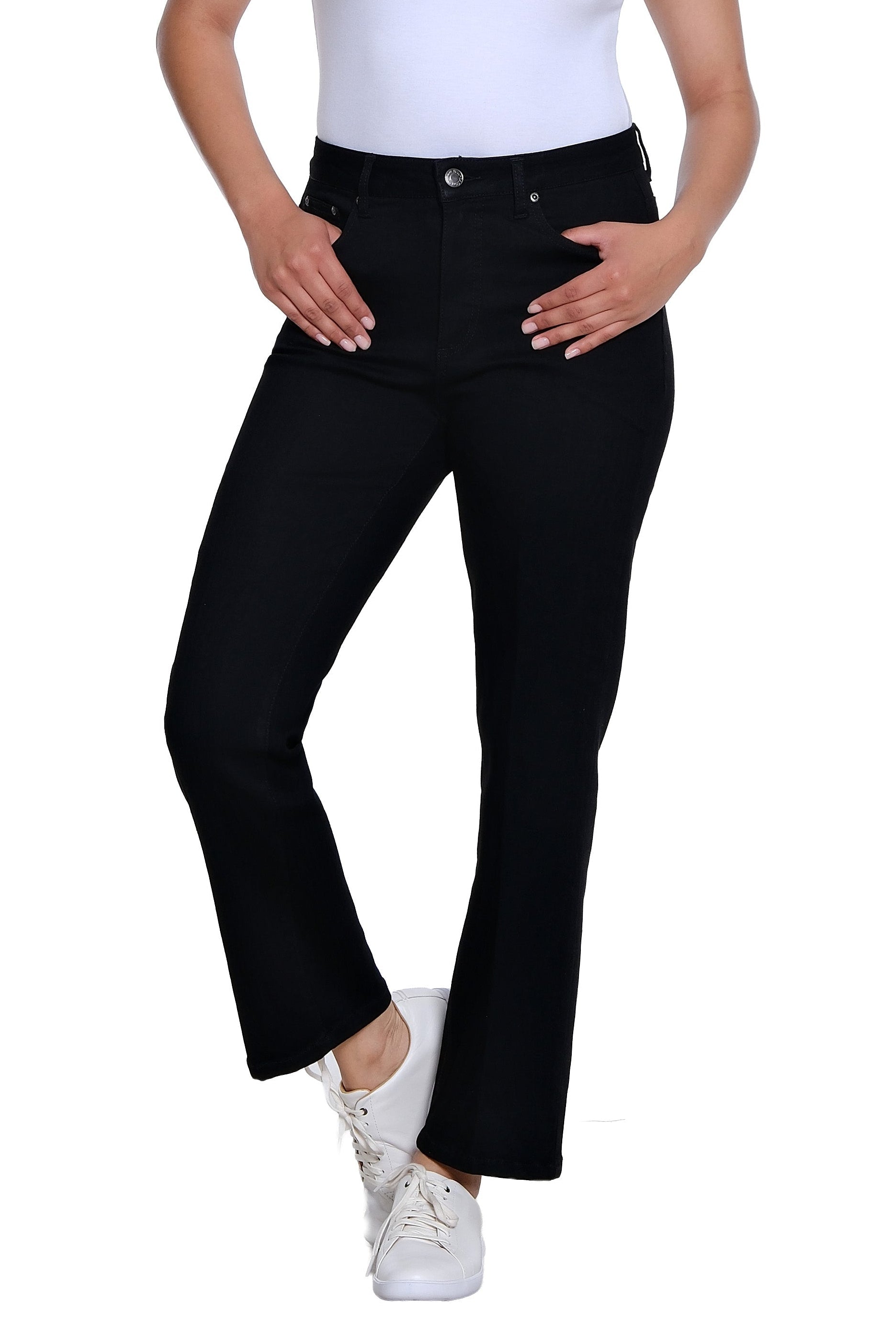 Zip and Button Front 5-Pocket Boot Cut Woven Jean Ankle Pant - Black Denim