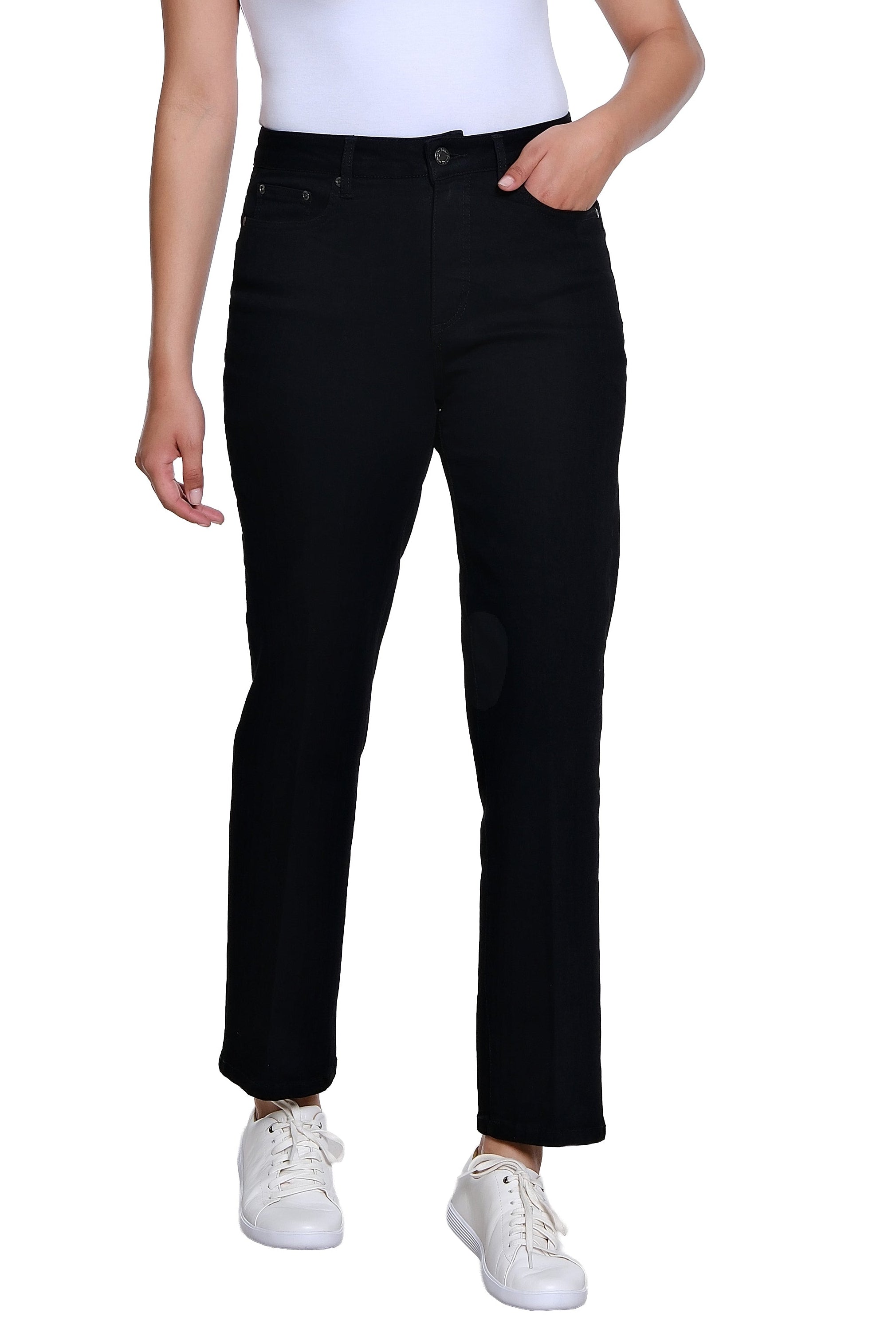Zip and Button Front 5-Pocket Boot Cut Woven Jean Ankle Pant - Black Denim