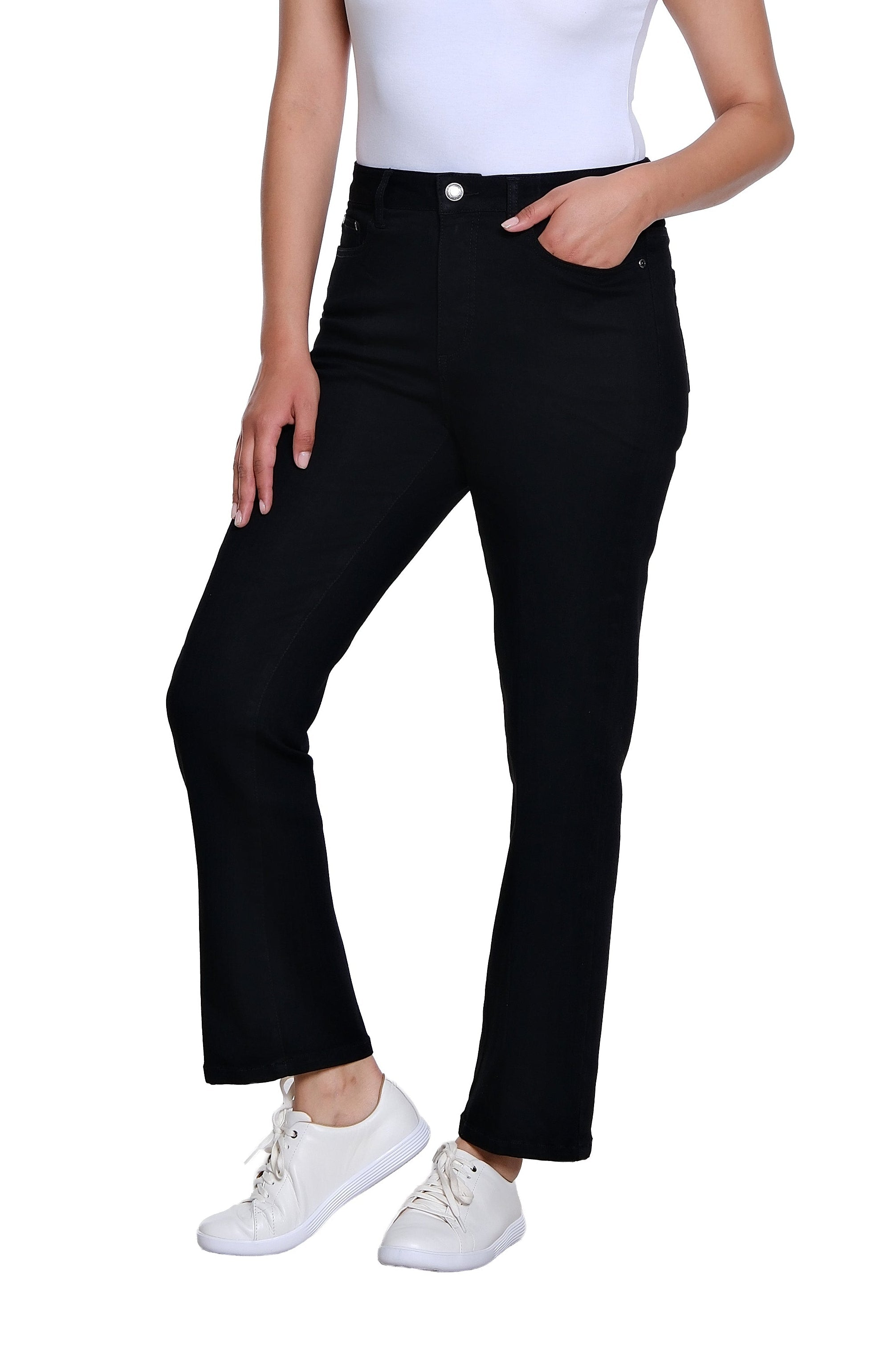 Zip and Button Front 5-Pocket Boot Cut Woven Jean Ankle Pant - Black Denim