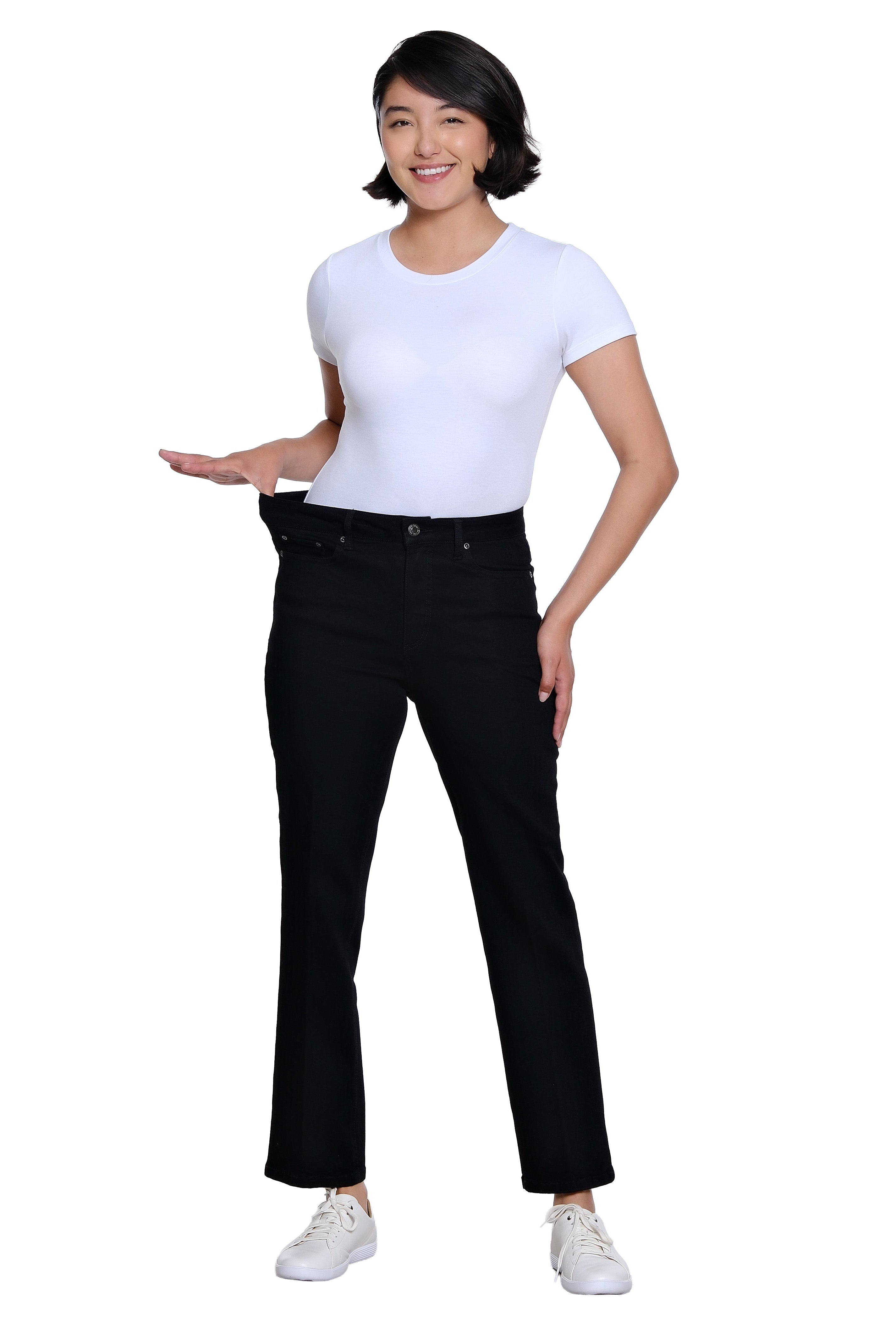 Zip and Button Front 5-Pocket Boot Cut Woven Jean Ankle Pant - Black Denim