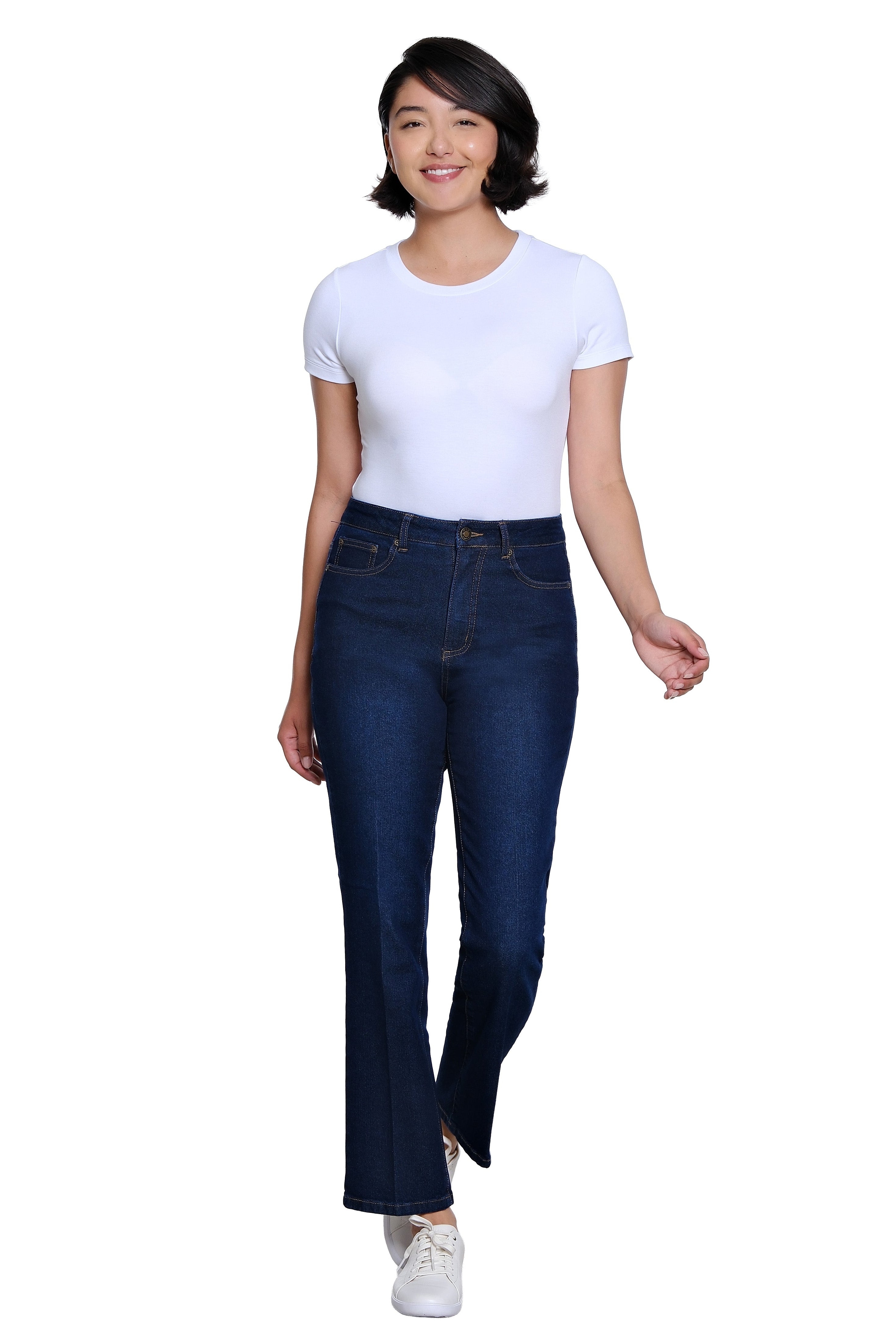 Zip and Button Front 5-Pocket Boot Cut Woven Jean Ankle Pant - Midnight Indigo