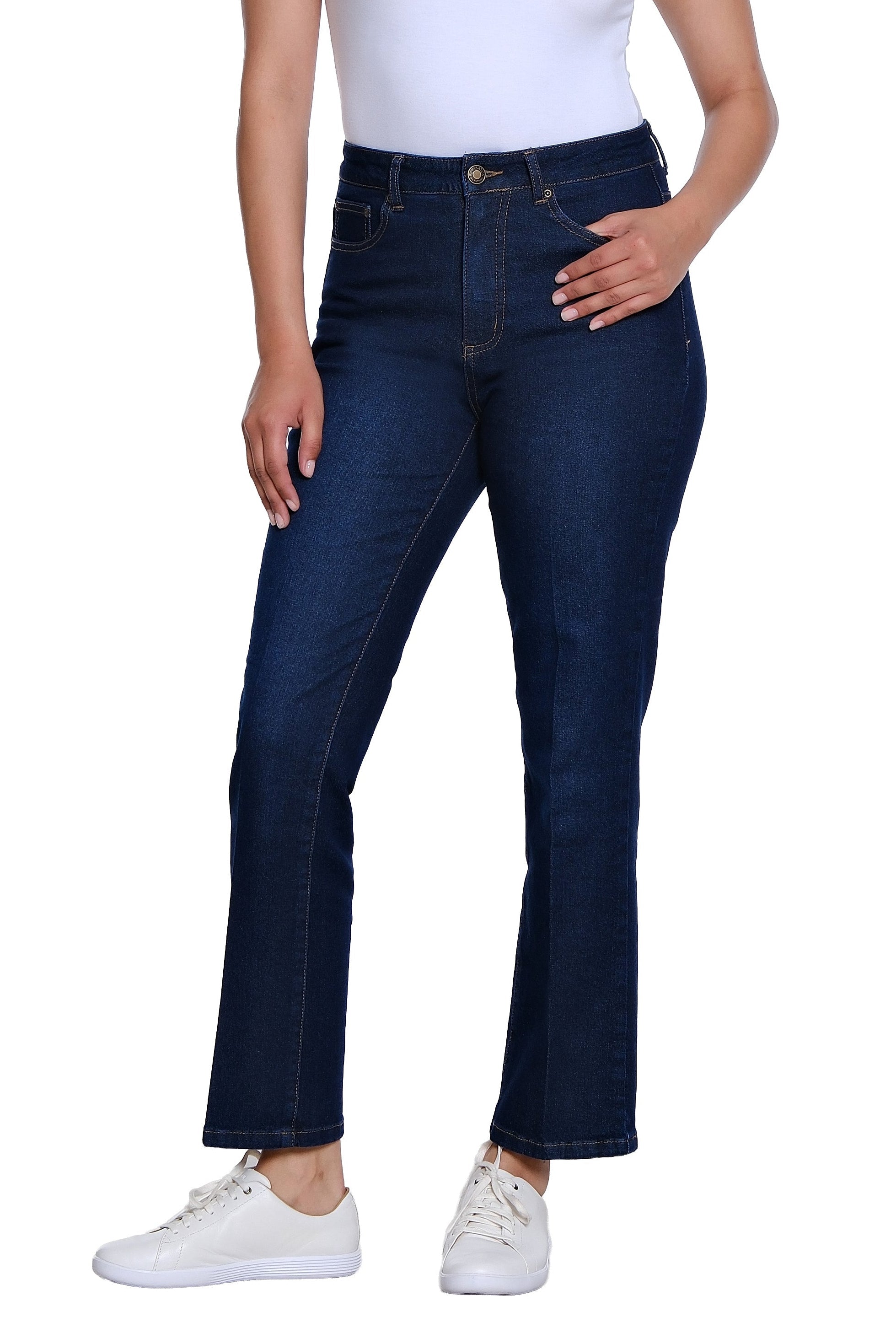 Zip and Button Front 5-Pocket Boot Cut Woven Jean Ankle Pant - Midnight Indigo