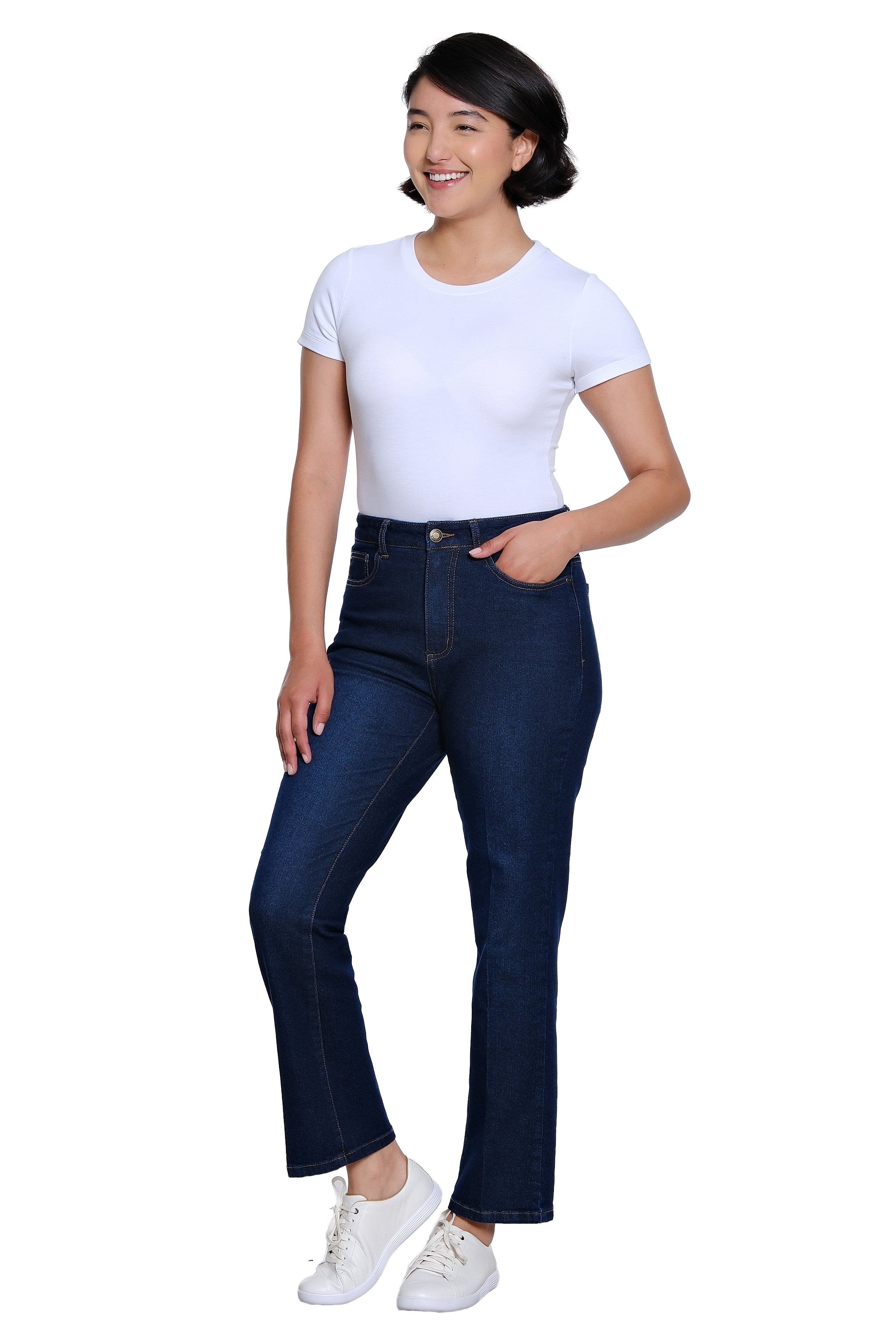 Zip and Button Front 5-Pocket Boot Cut Woven Jean Ankle Pant - Midnight Indigo