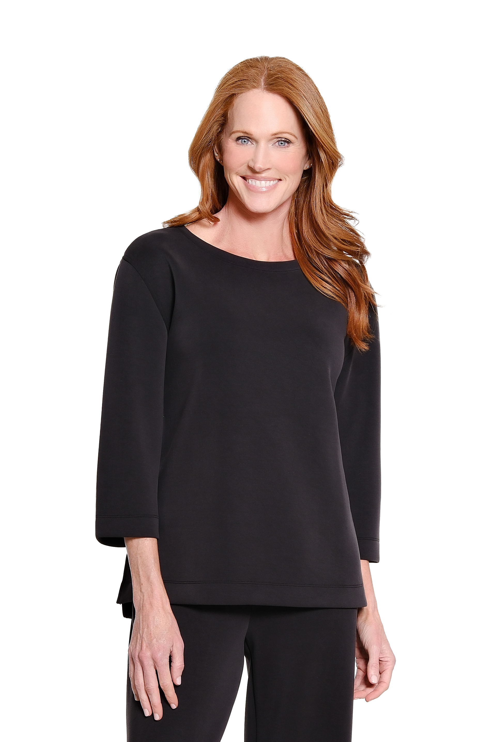 3/4 Sleeve Drop Shoulder Wide Neck Hi-Lo Knit Top - Black