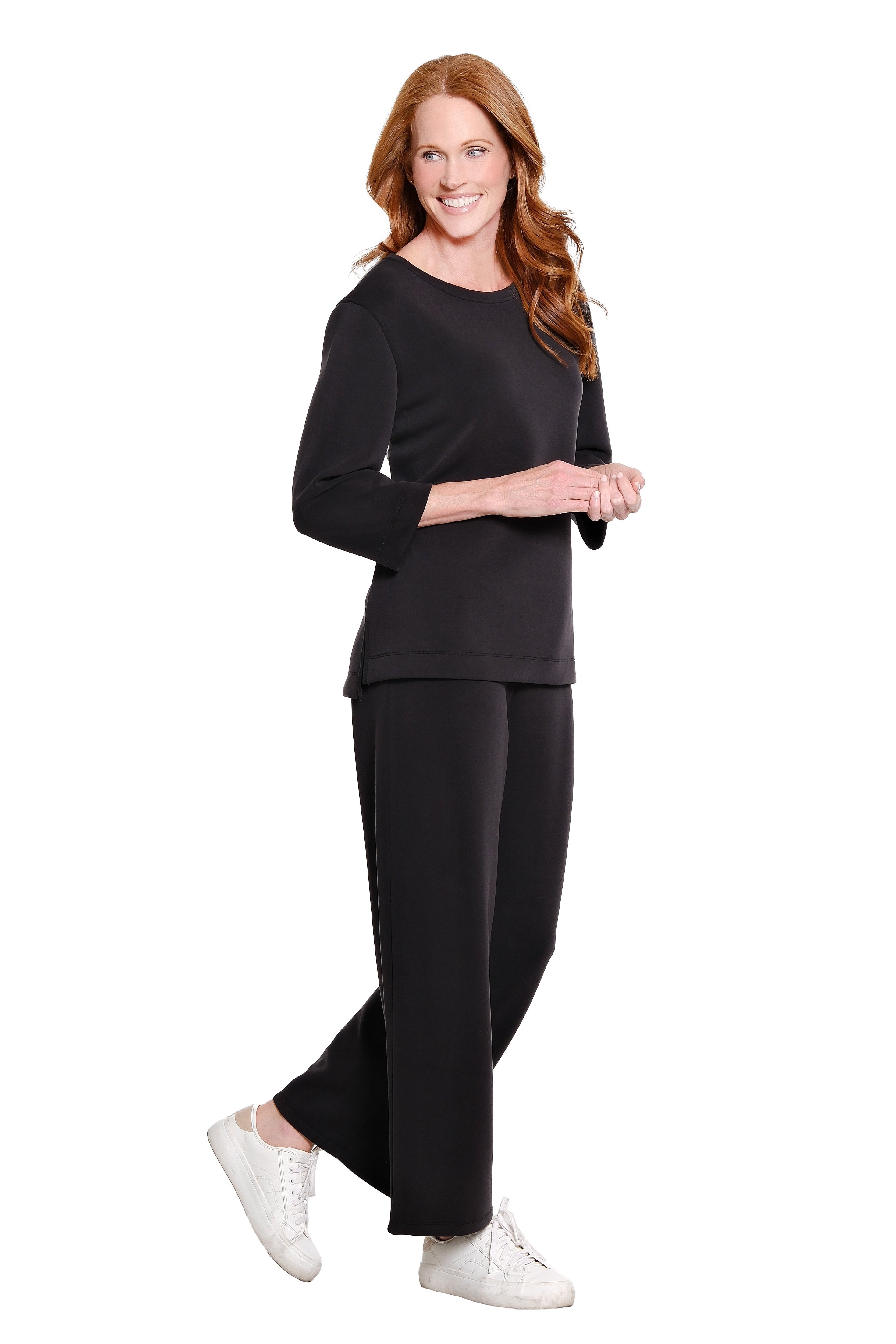 3/4 Sleeve Drop Shoulder Wide Neck Hi-Lo Knit Top - Black