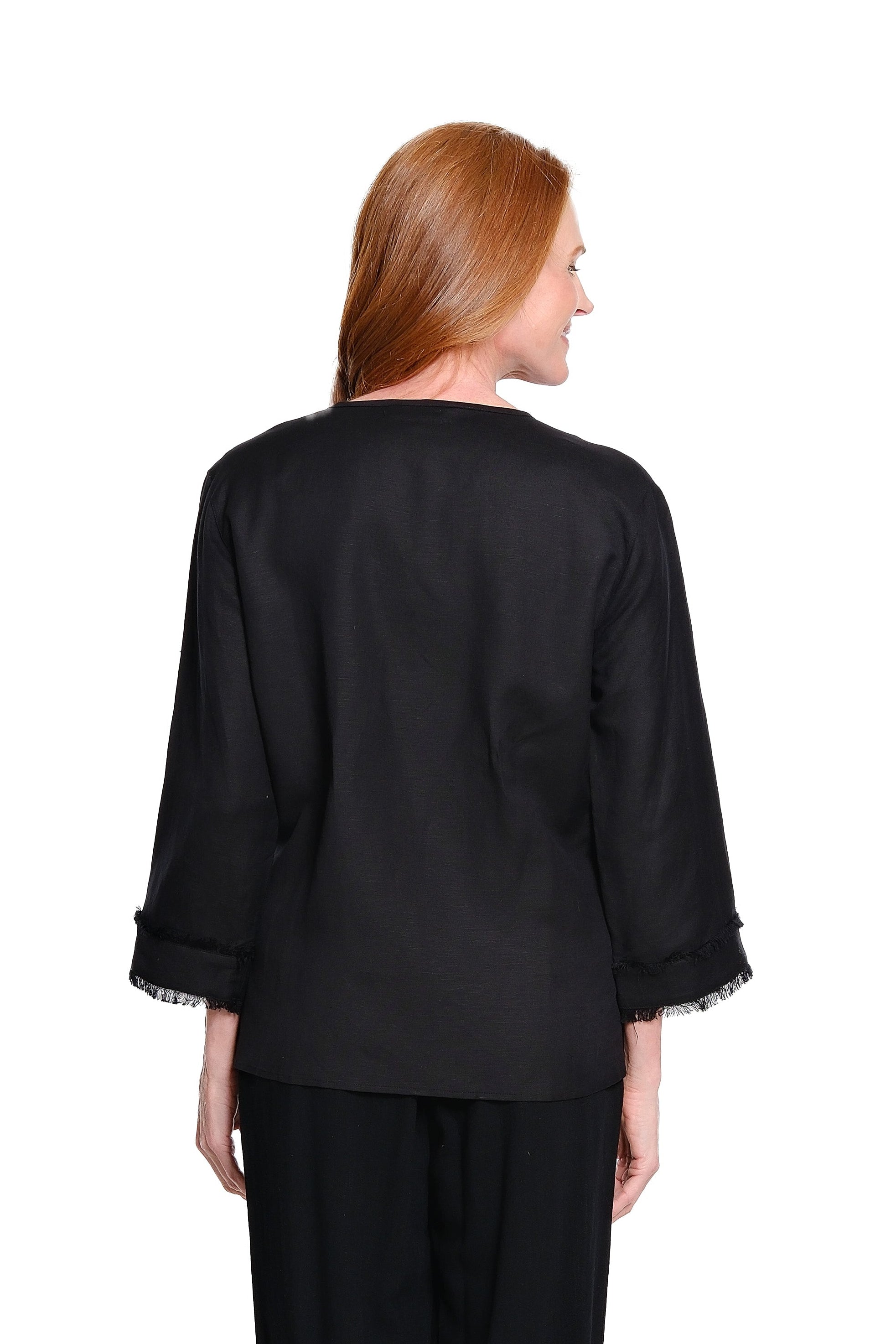 3/4 Sleeve Drop Shoulder Y-Neck 1-Button Pull On Woven Top - Black