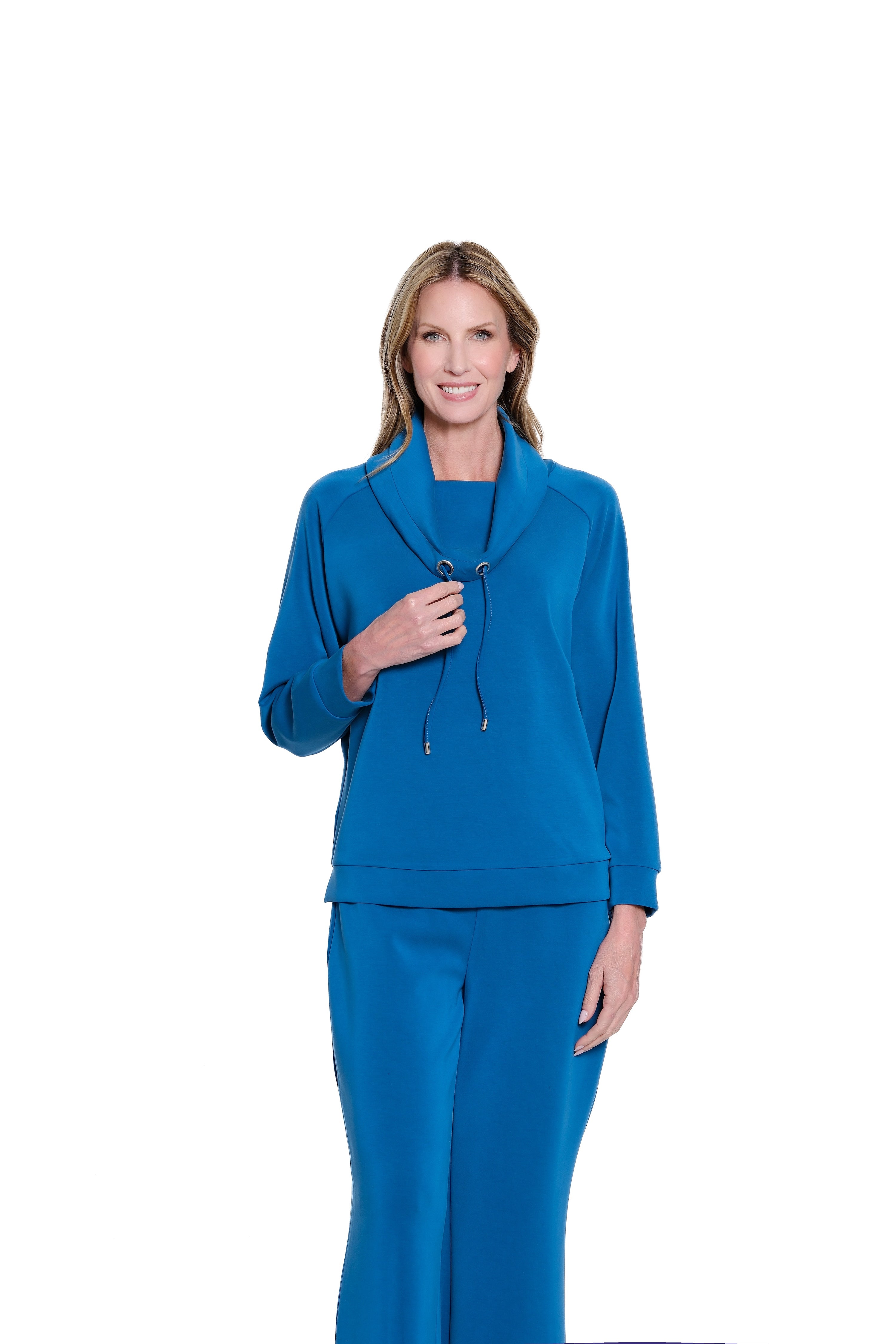 Drawstring Cowl Collar Knit Top - Plus - Peacock